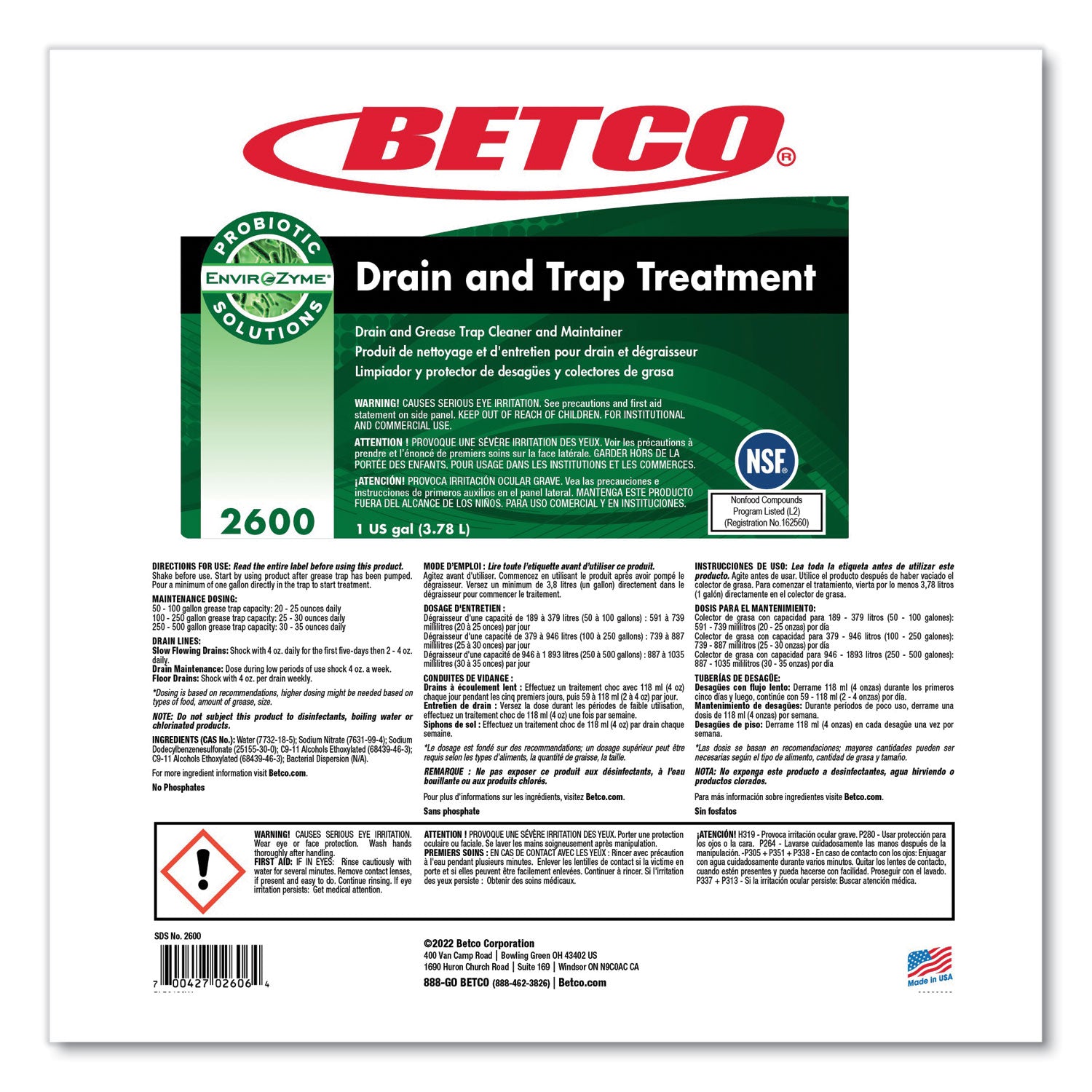 Betco® BioActive Solutions Drain and Trap Treatment, Ocean Scent, 1 gal Bottle, 4/Carton