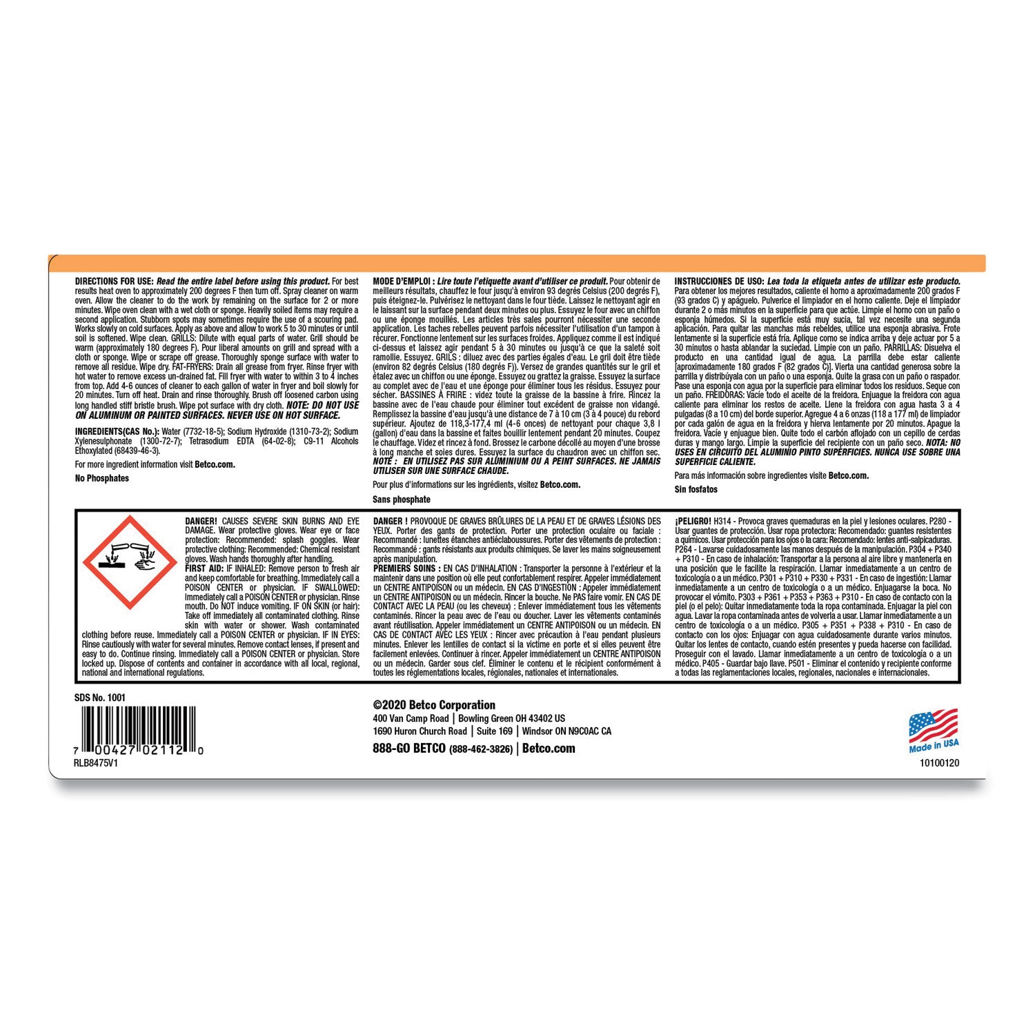 Betco® Oven Fryer Grill Cleaner, Characteristic Scent, 1 gal Bottle, 4/Carton