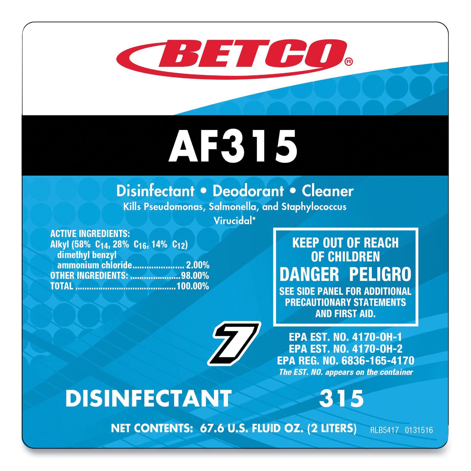 Betco® AF315 Disinfectant Cleaner, Citrus Floral Scent, 2 L Bottle, 4/Carton