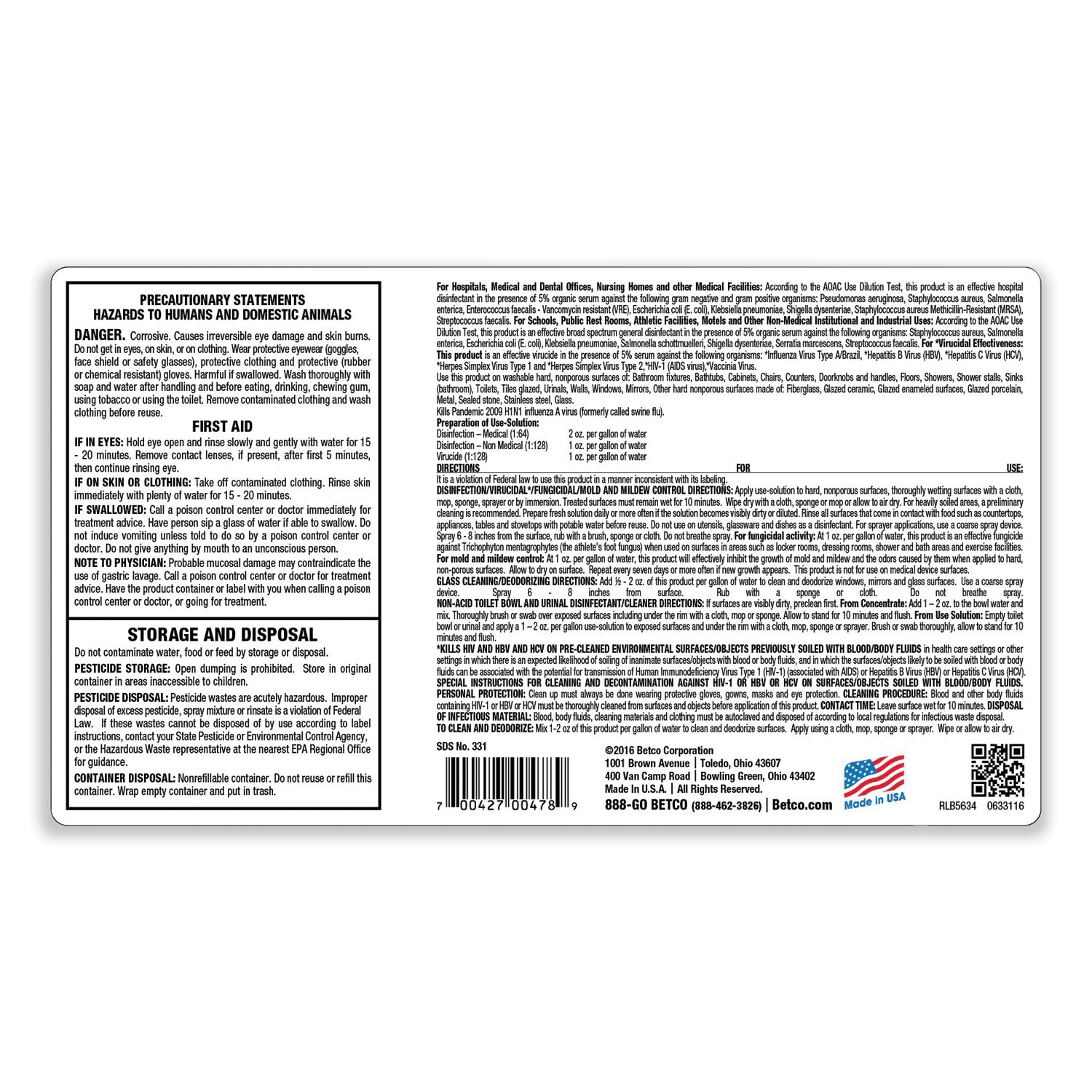 Betco® AF79 Acid-Free Bathroom Cleaner Concentrate, Ocean Breeze Scent, 2 L Bottle, 4/Carton