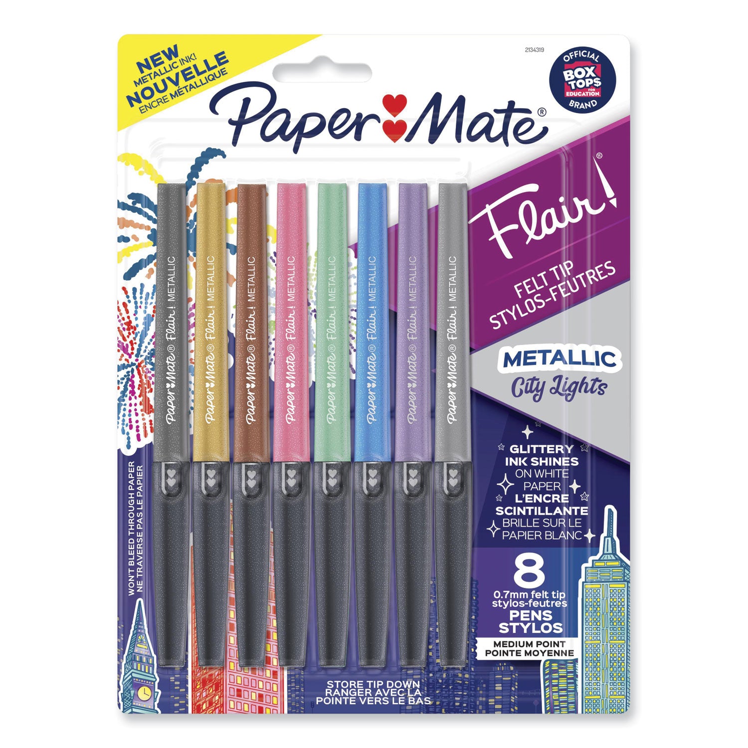 Flair Metallic Porous Point Pen, Stick, Medium 0.7 mm, Assorted Ink and Barrel Colors, 8/Pack