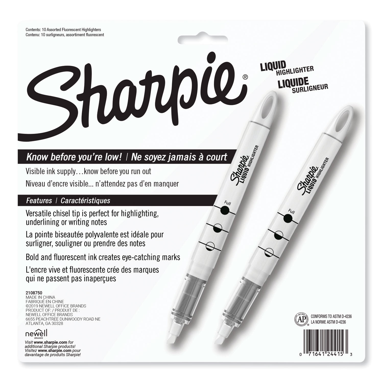 Sharpie® Liquid Pen Style Highlighters, Assorted Ink Colors, Chisel Tip, Assorted Barrel Colors, 10/set