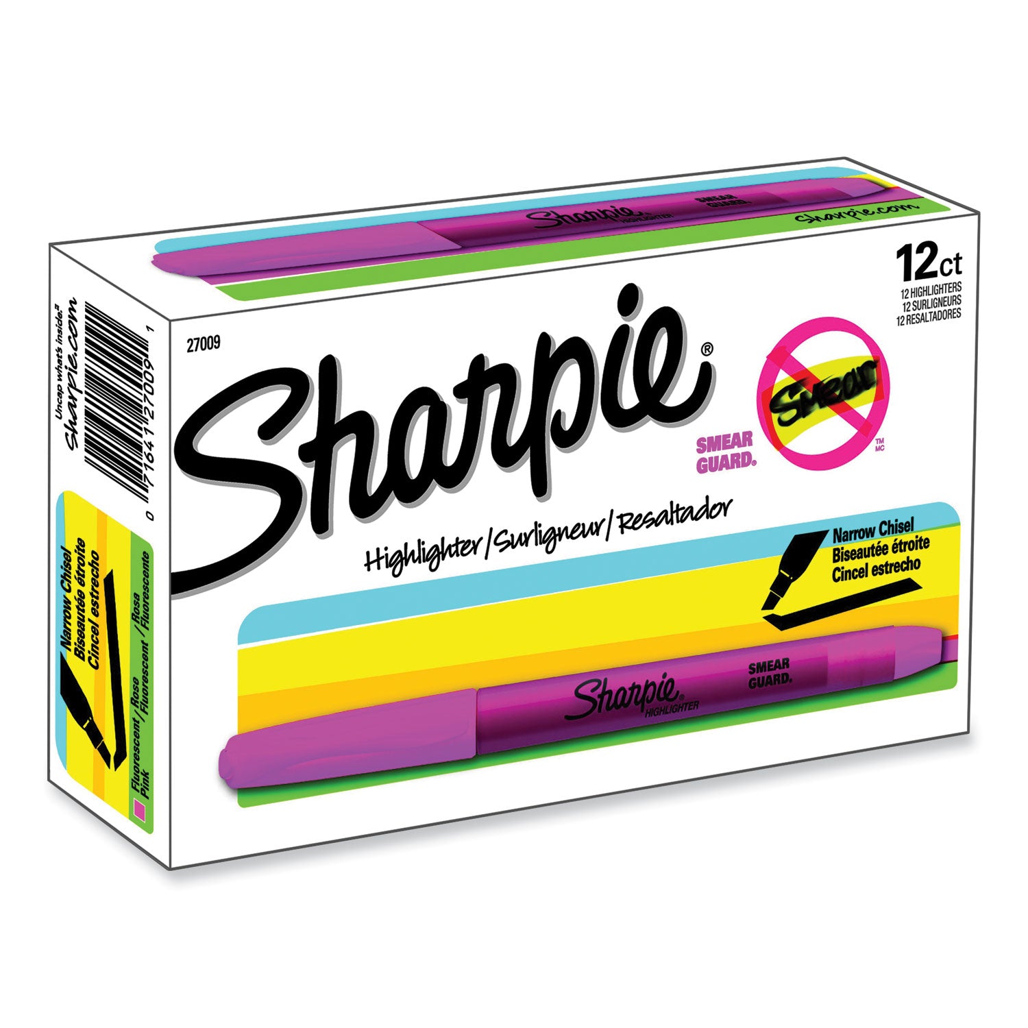 Sharpie® Pocket Style Highlighters, Fluorescent Pink Ink, Chisel Tip, Pink Barrel, Dozen