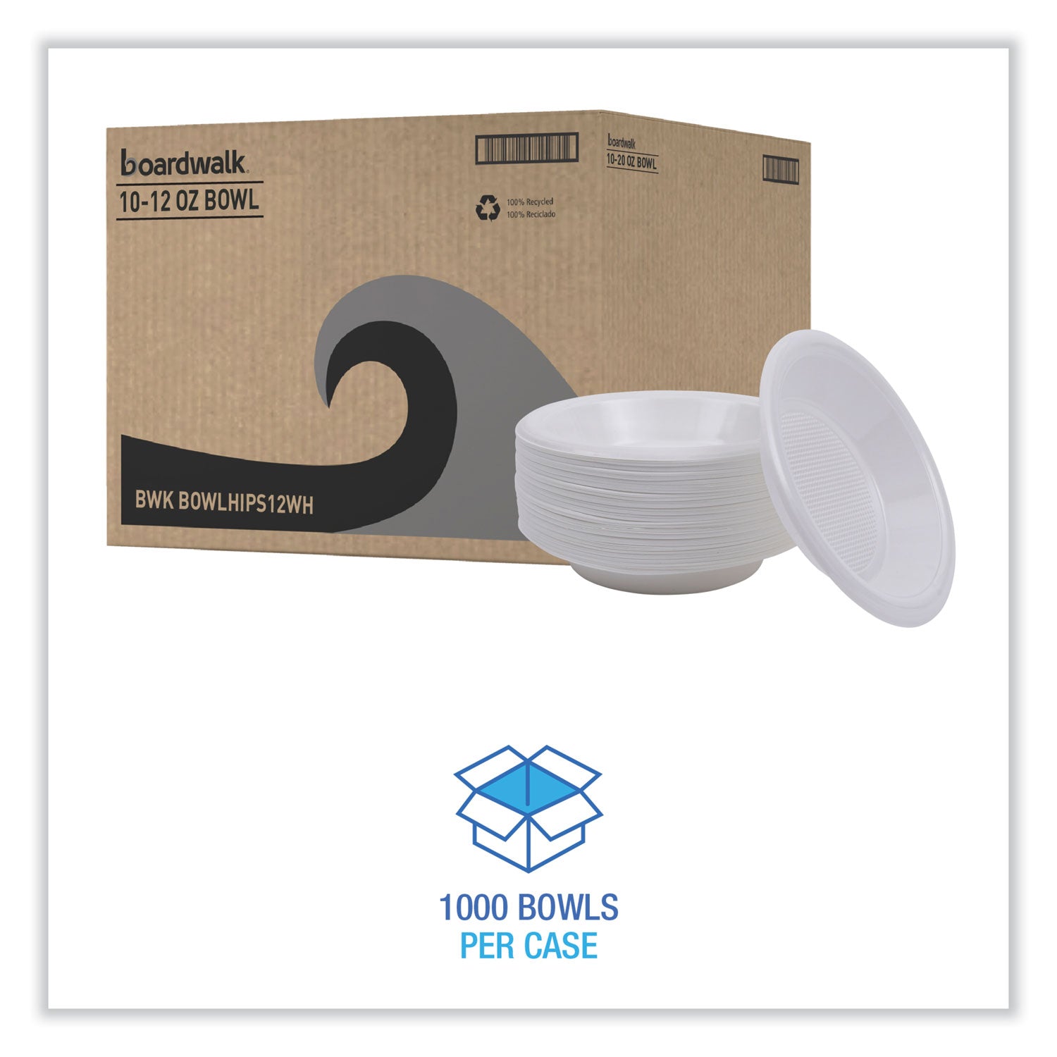 Boardwalk® Hi-Impact Plastic Dinnerware, Bowl, 10 oz to 12 oz, White, 1,000/Carton
