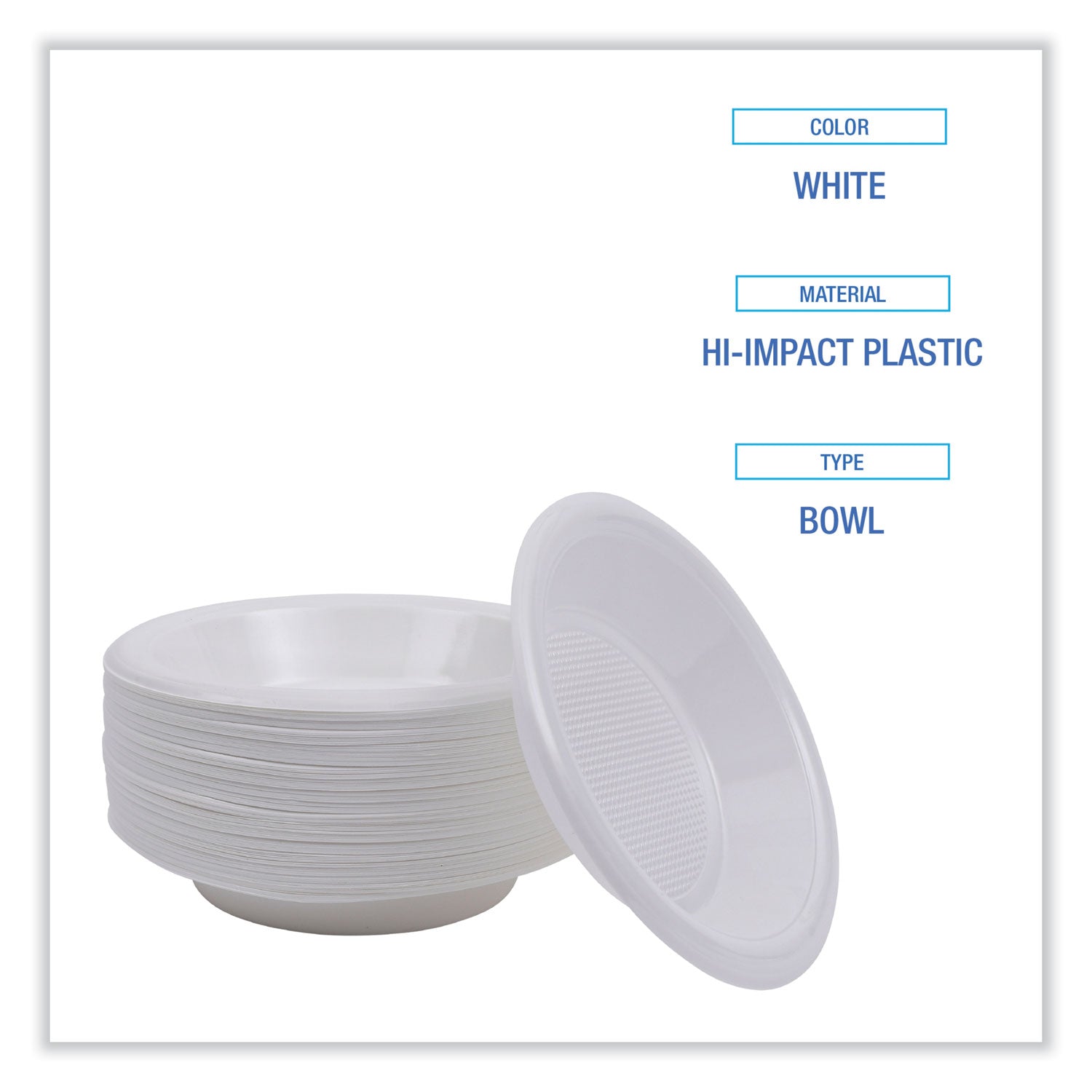 Boardwalk® Hi-Impact Plastic Dinnerware, Bowl, 10 oz to 12 oz, White, 1,000/Carton