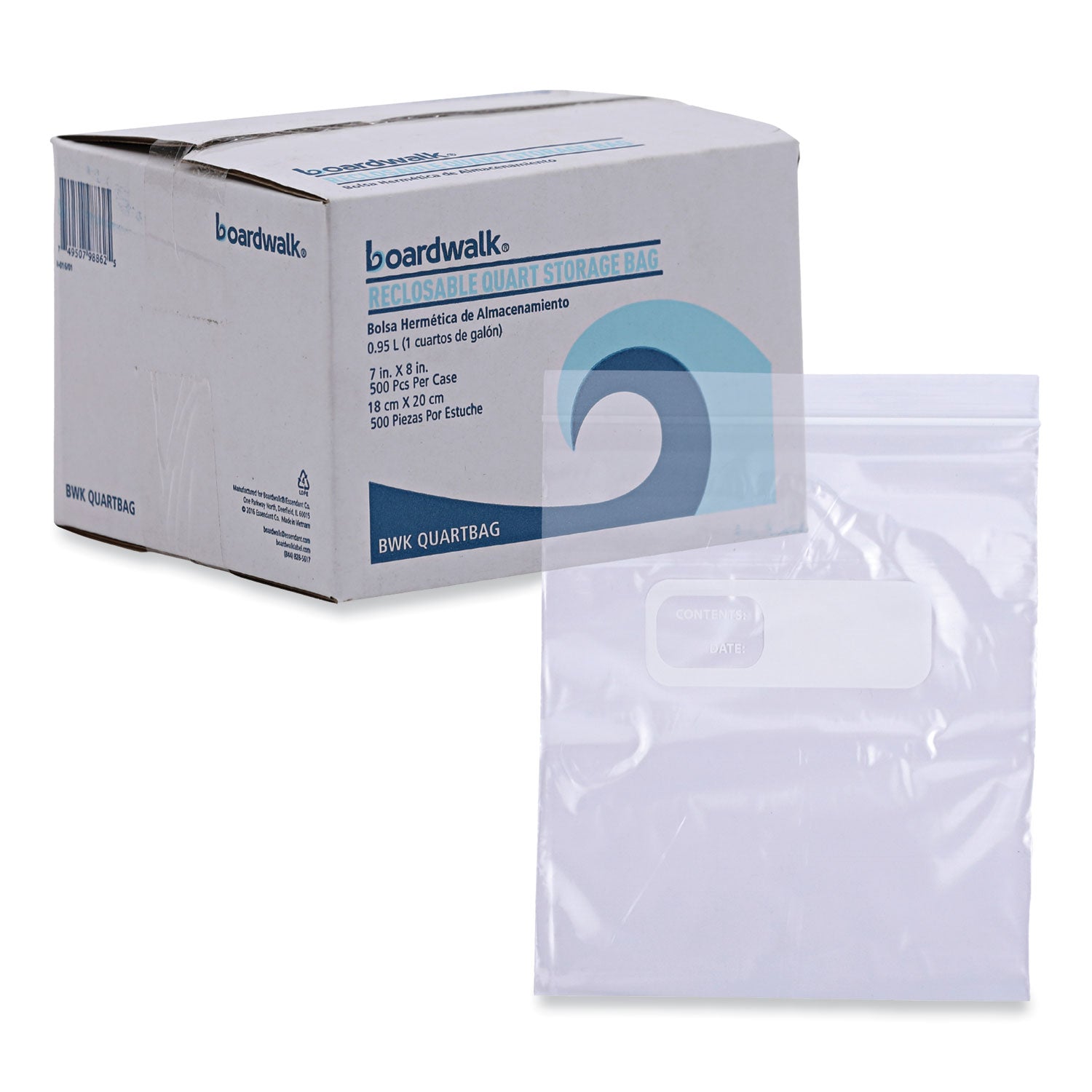 Boardwalk® Reclosable Food Storage Bags, Quart, 7" x 8", Clear, 500/Box