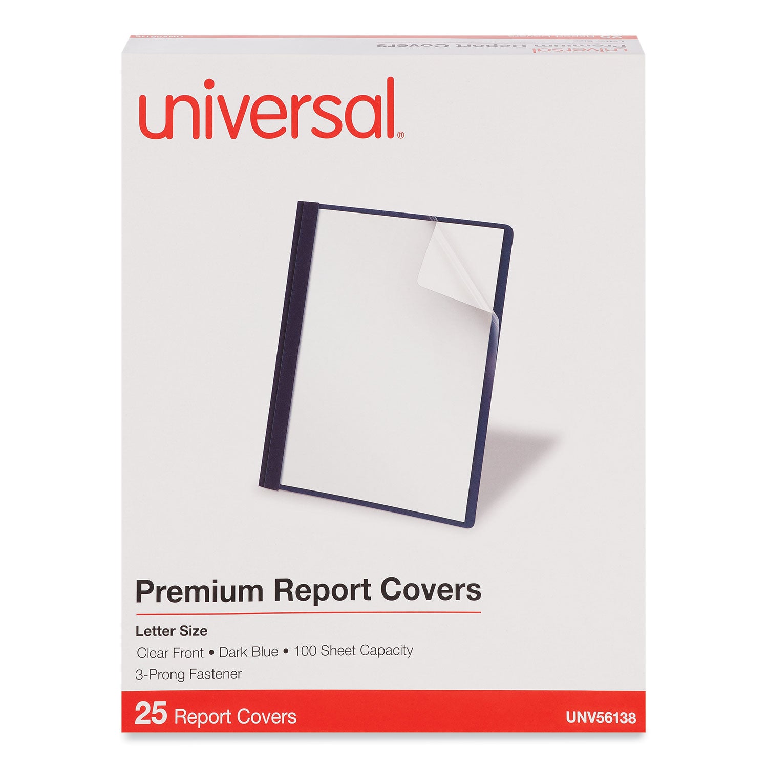 Universal® Clear Front Report Covers with Fasteners, Three-Prong Fastener, 0.5" Capacity, 8.5 x 11, Clear/Dark Blue, 25/Box