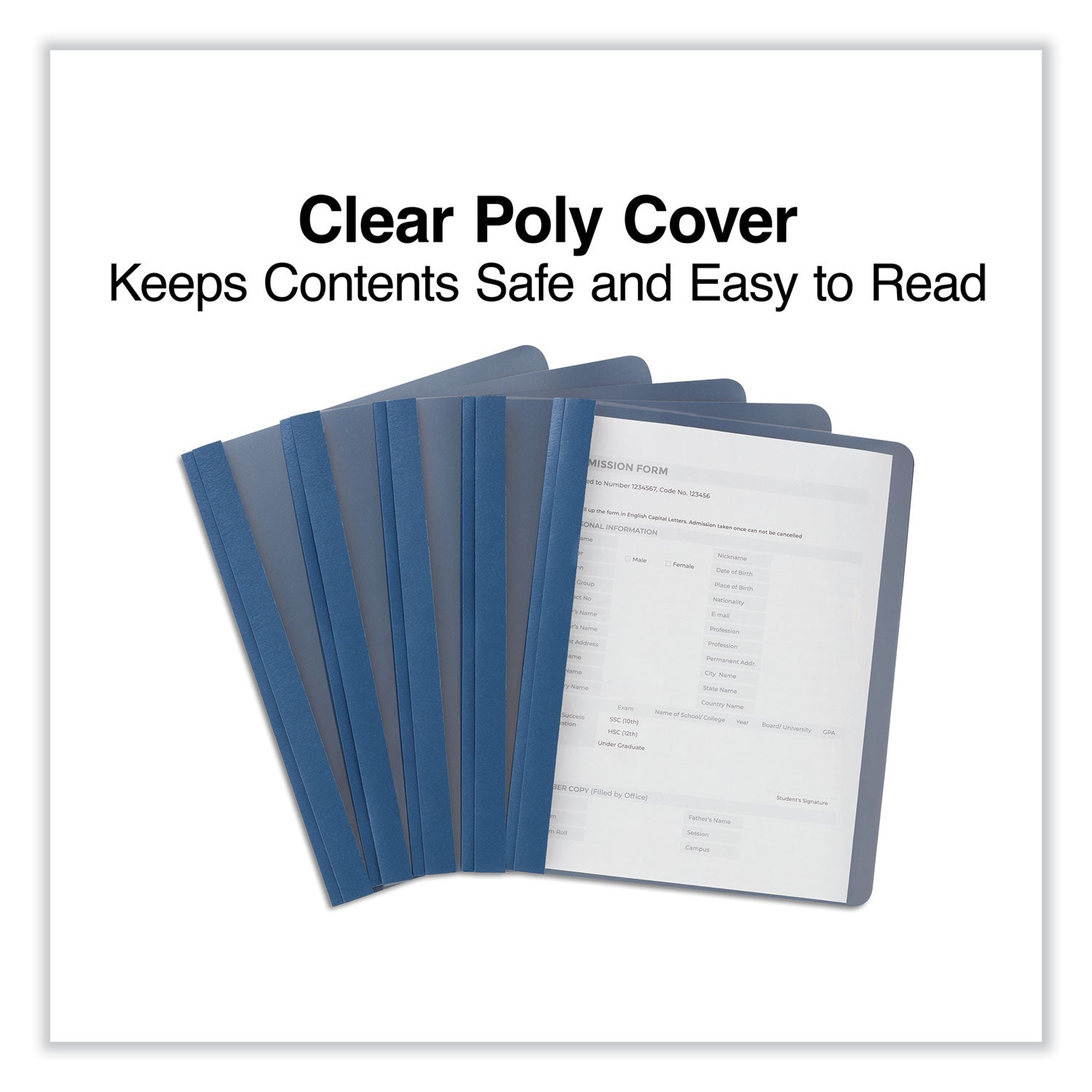 Universal® Clear Front Report Covers with Fasteners, Three-Prong Fastener, 0.5" Capacity, 8.5 x 11, Clear/Dark Blue, 25/Box