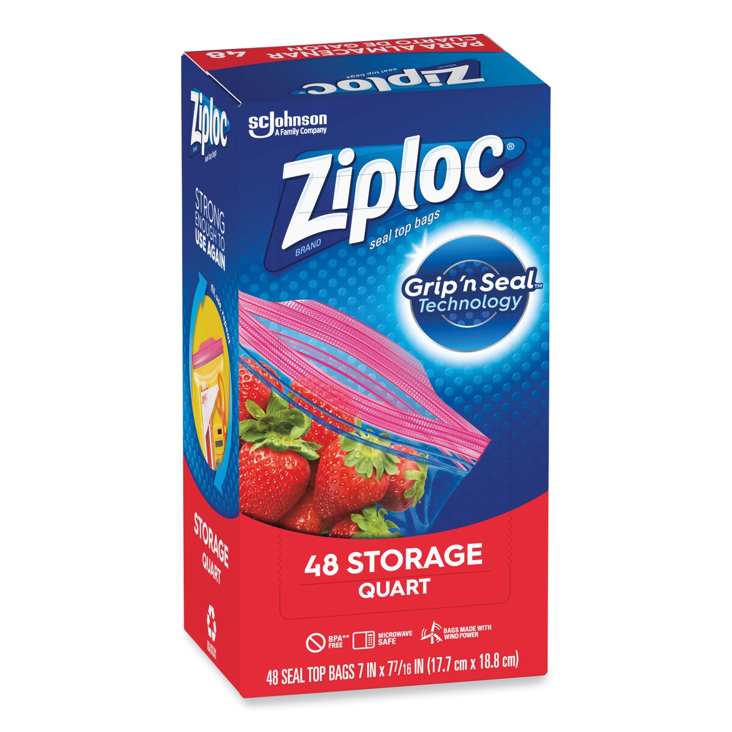 Ziploc® Double Zipper Storage Bags, Triple System Seal, Quart, 9.63" x 8.5", Clear, 9/Carton