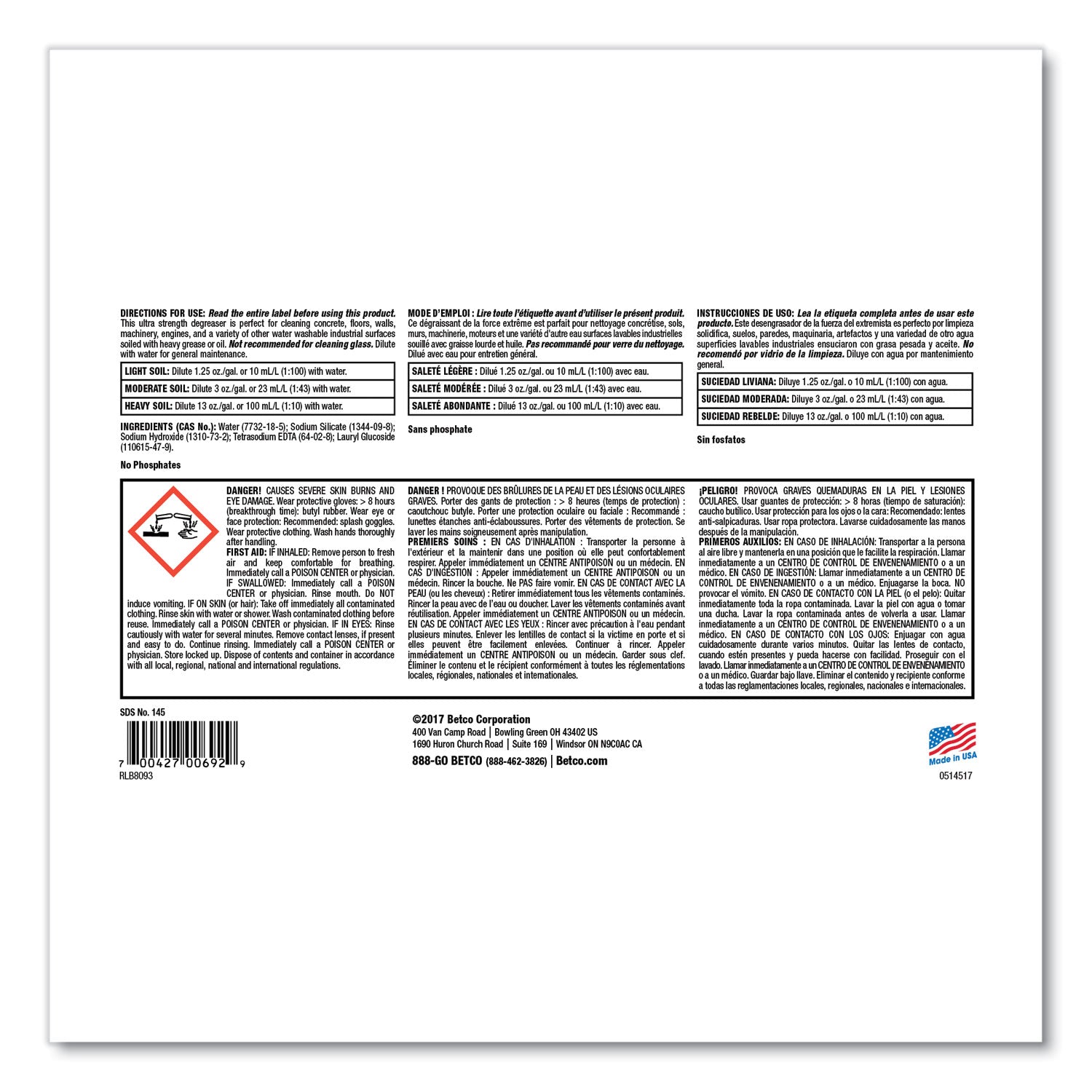 Betco® Liquid Chisel Max Non-Butyl Degreaser, Characteristic Scent, 1 gal Bottle, 4/Carton