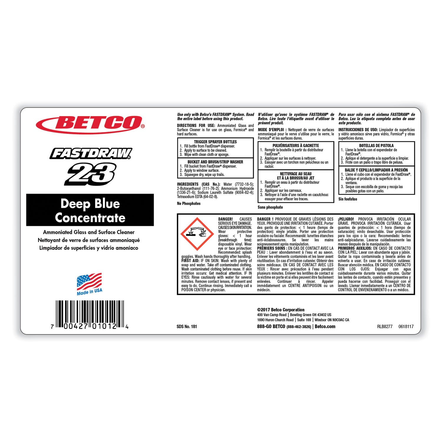 Betco® Deep Blue Glass and Surface Cleaner, 2 L Bottle, 4/Carton