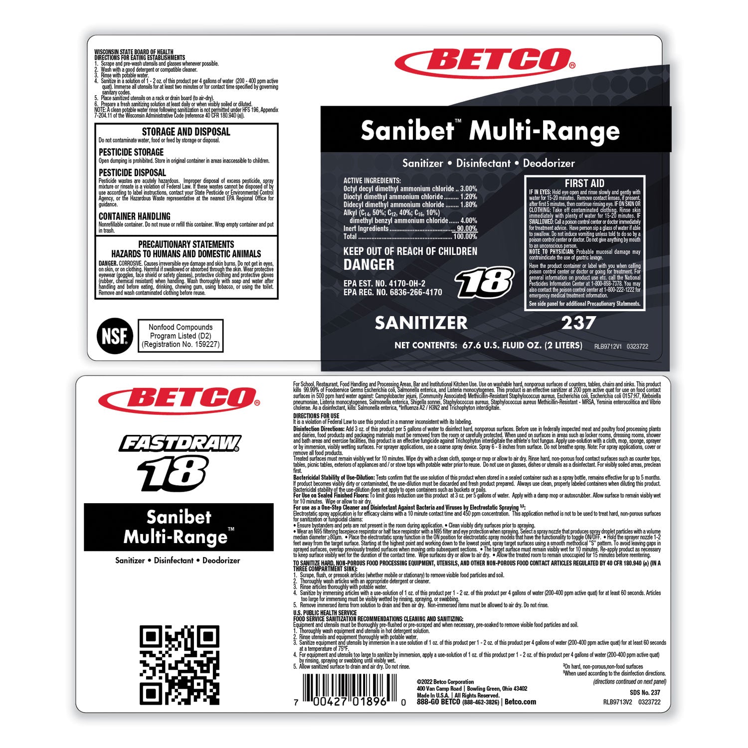 Betco® Symplicity Sanibet Multi-Range Sanitizer Disinfectant Deodorizer, 2 L Bottle, 4/Carton