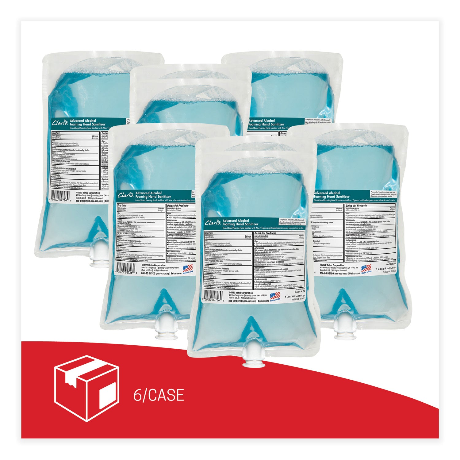 Betco® Clario Advanced Alcohol Foaming Sanitizer, 1,000 mL Bag, Citrus, 6/Carton