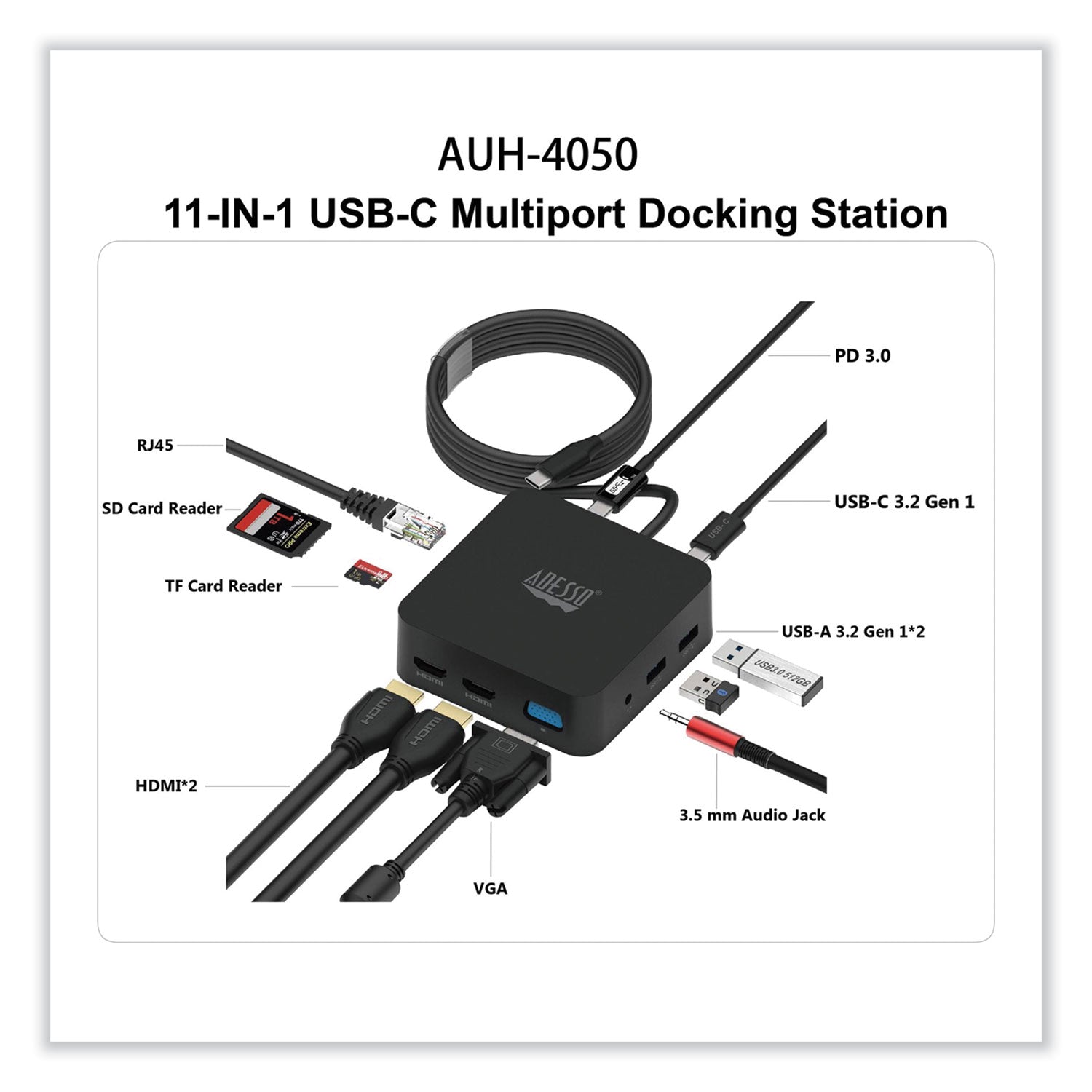 Adesso 11-in-1 USB-C Multi-Port TAA Compliant Docking Station, Black