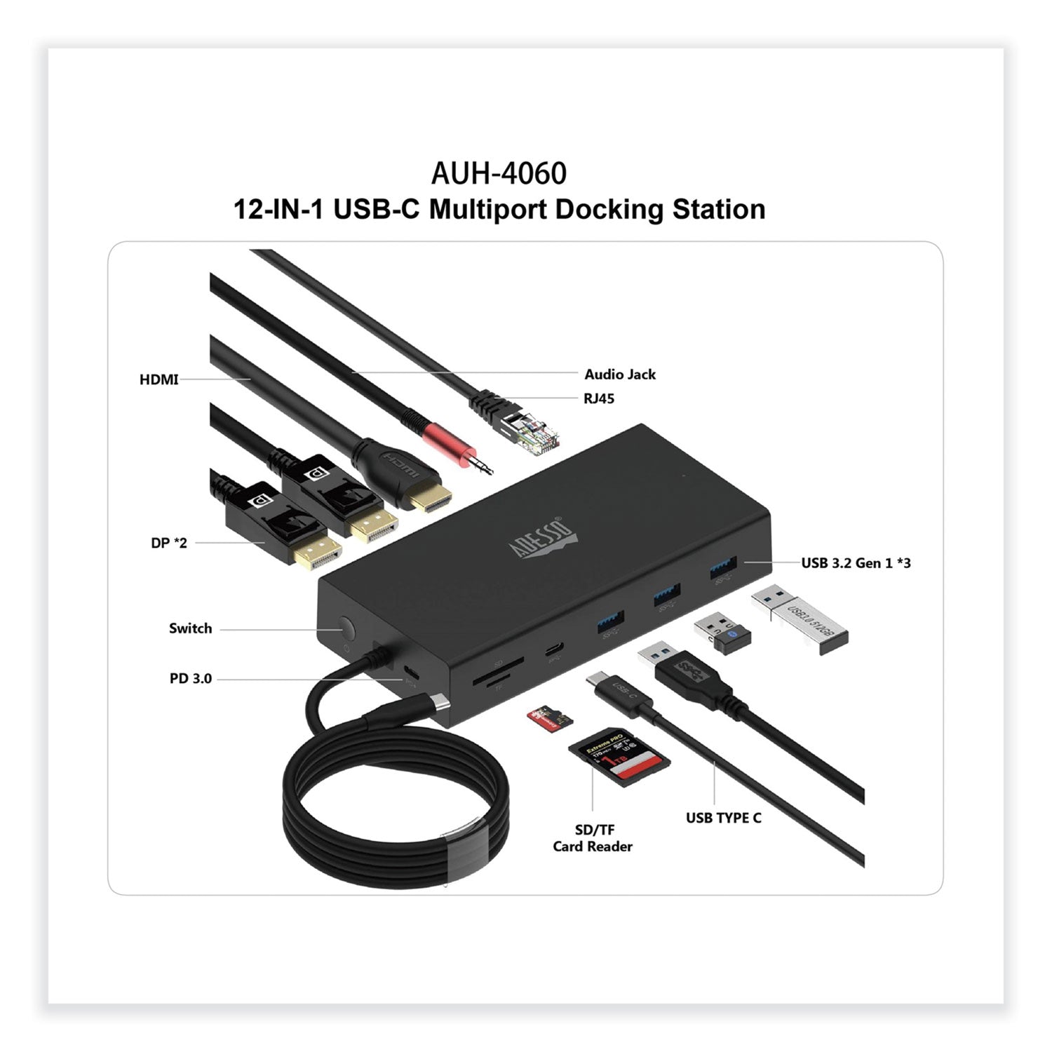 Adesso 12-in-1 USB-C Multi-Port TAA Compliant Docking Station, Black
