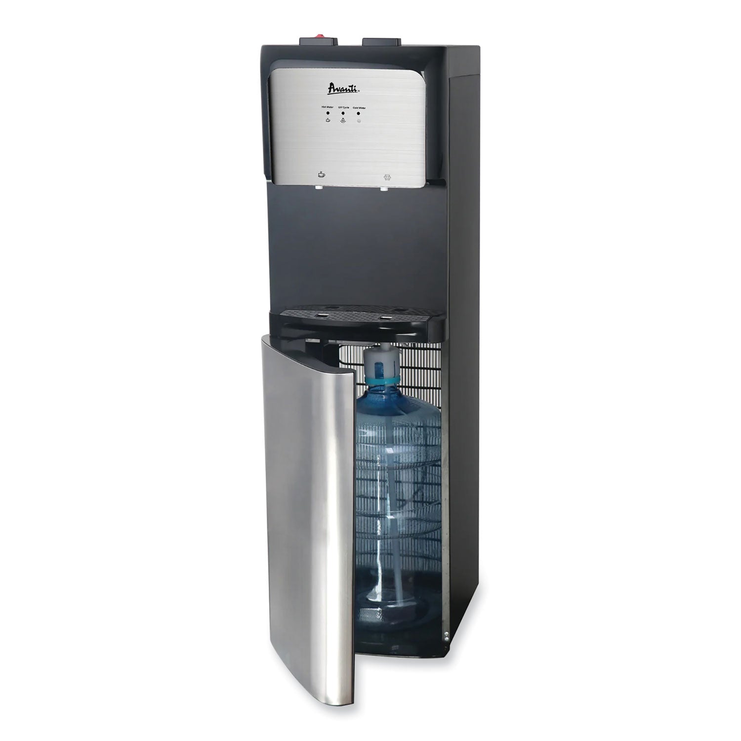 Avanti Bottom Loading Water Dispenser with UV Light, 3 to 5 gal, 41.25 h, Black/Stainless Steel