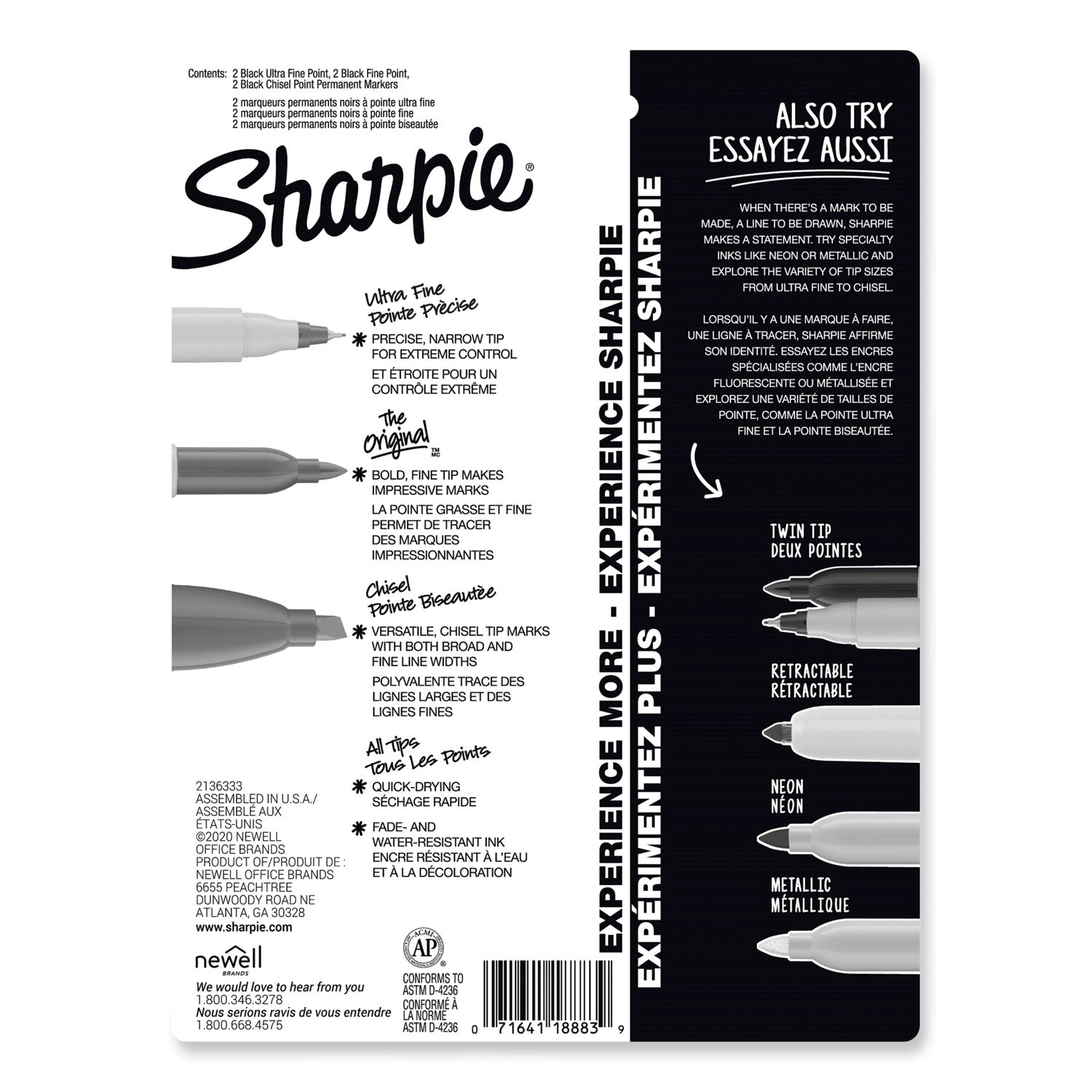 Sharpie® Mixed Point Size Permanent Markers, Assorted Tip Sizes/types, Black, 6/pack