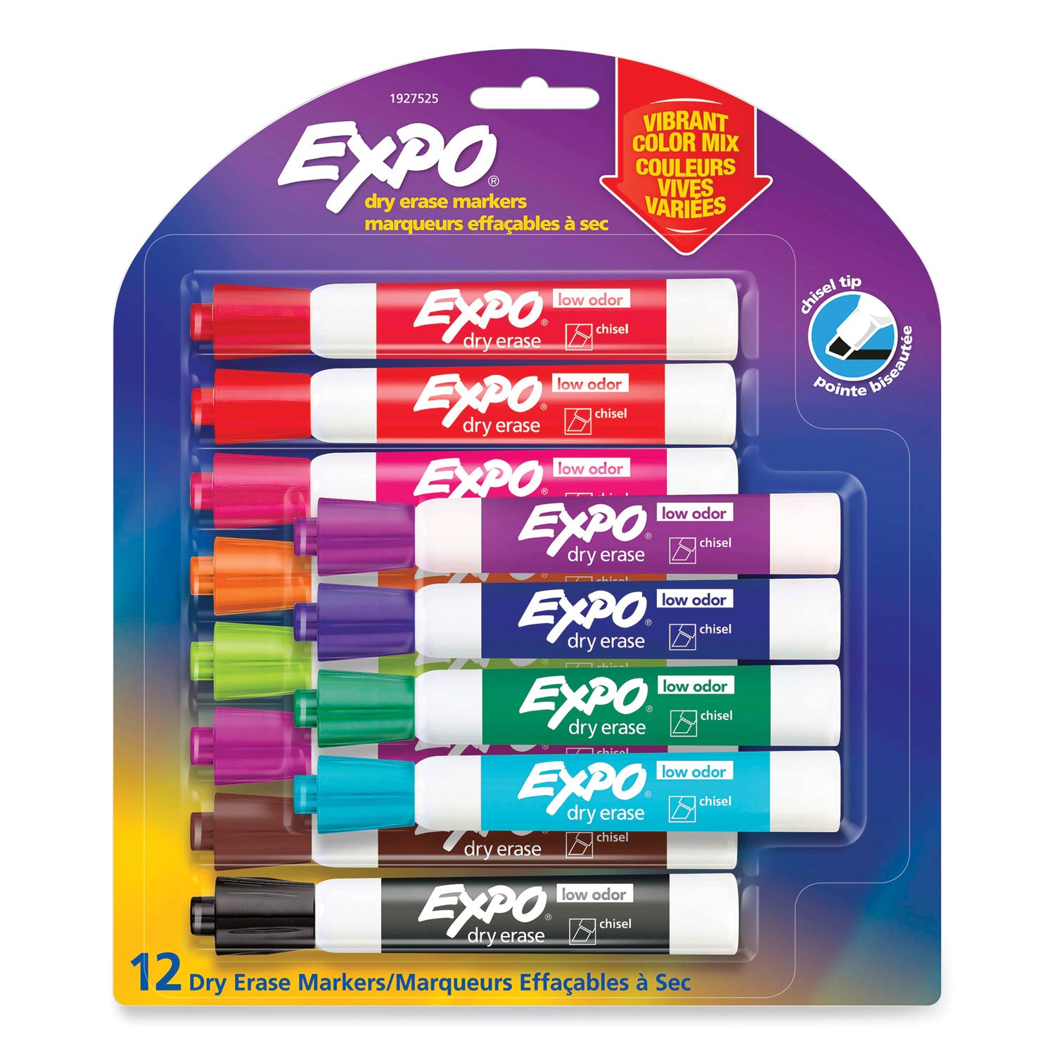 EXPO® Low Odor Dry Erase Vibrant Color Markers, Broad Chisel Tip, Assorted Colors, 12/Set