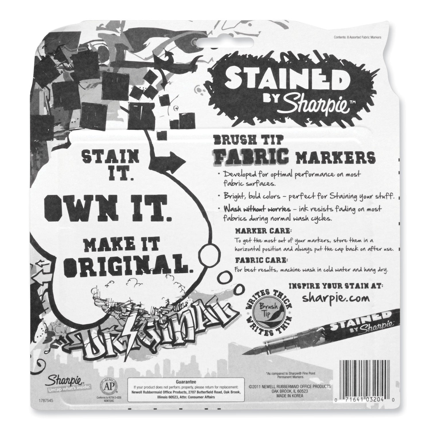 Sharpie® Stained Fabric Markers, Medium Brush Tip, Assorted Colors, 8/pack