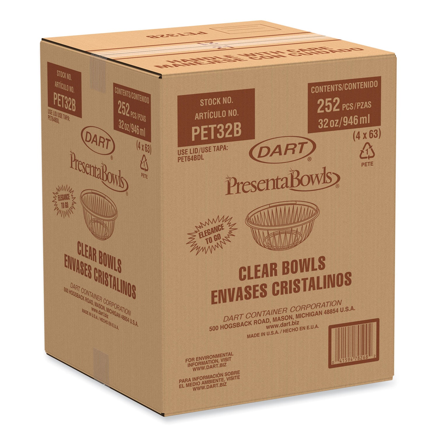 Dart® PresentaBowls Clear Bowls, 32 oz, Plastic, 63/Bag, 4 Bags/Carton, 252 Bowls/Carton