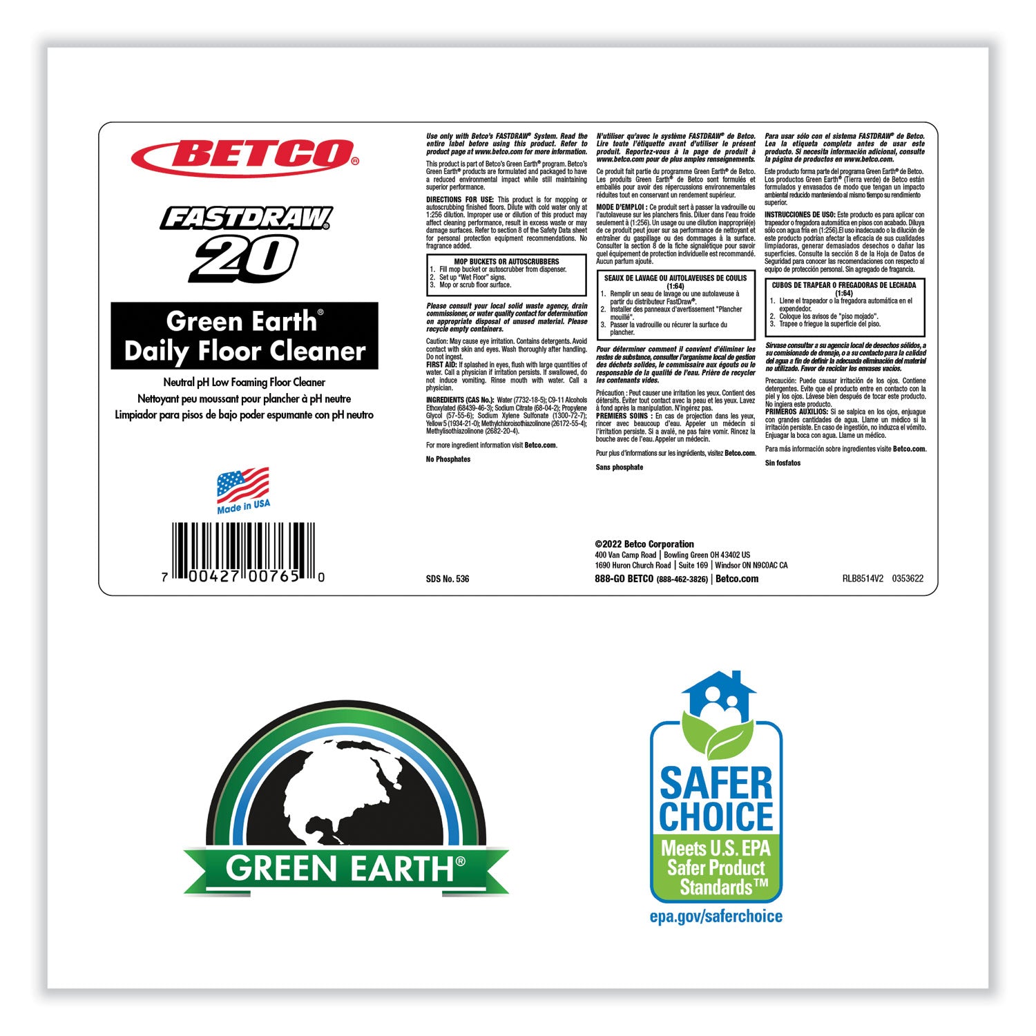 Betco® Green Earth Daily Floor Cleaner, 2 L Bottle, Unscented, 4/carton