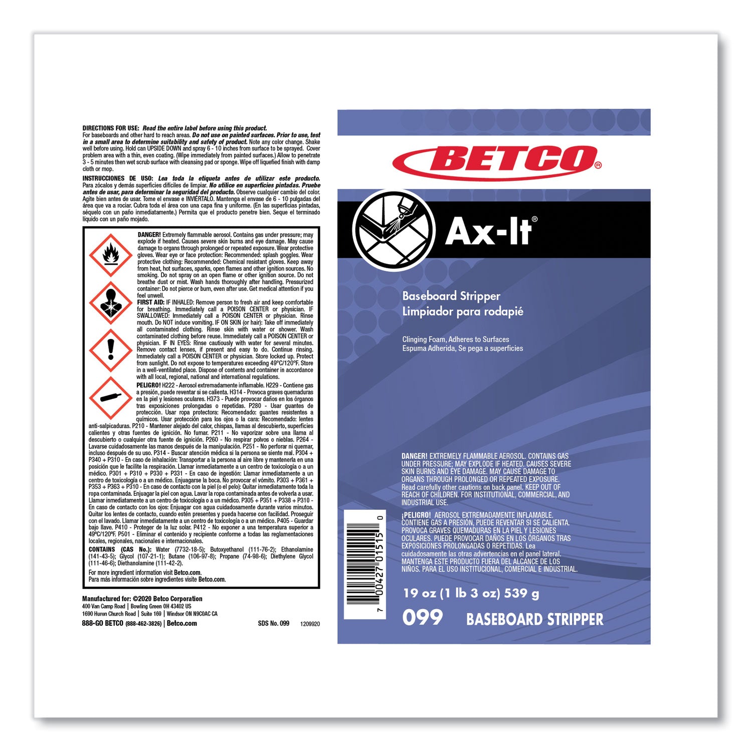 Betco® Ax-It Aerosol Baseboard Stripper, Sassafras Scent, 19 oz Aerosol Spray, 12/Carton