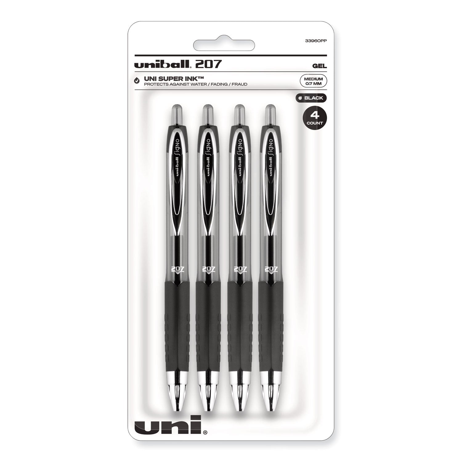 Signo 207 Gel Pen, Retractable, Medium 0.7 mm, Black Ink, Smoke/Black Barrel, 4/Pack