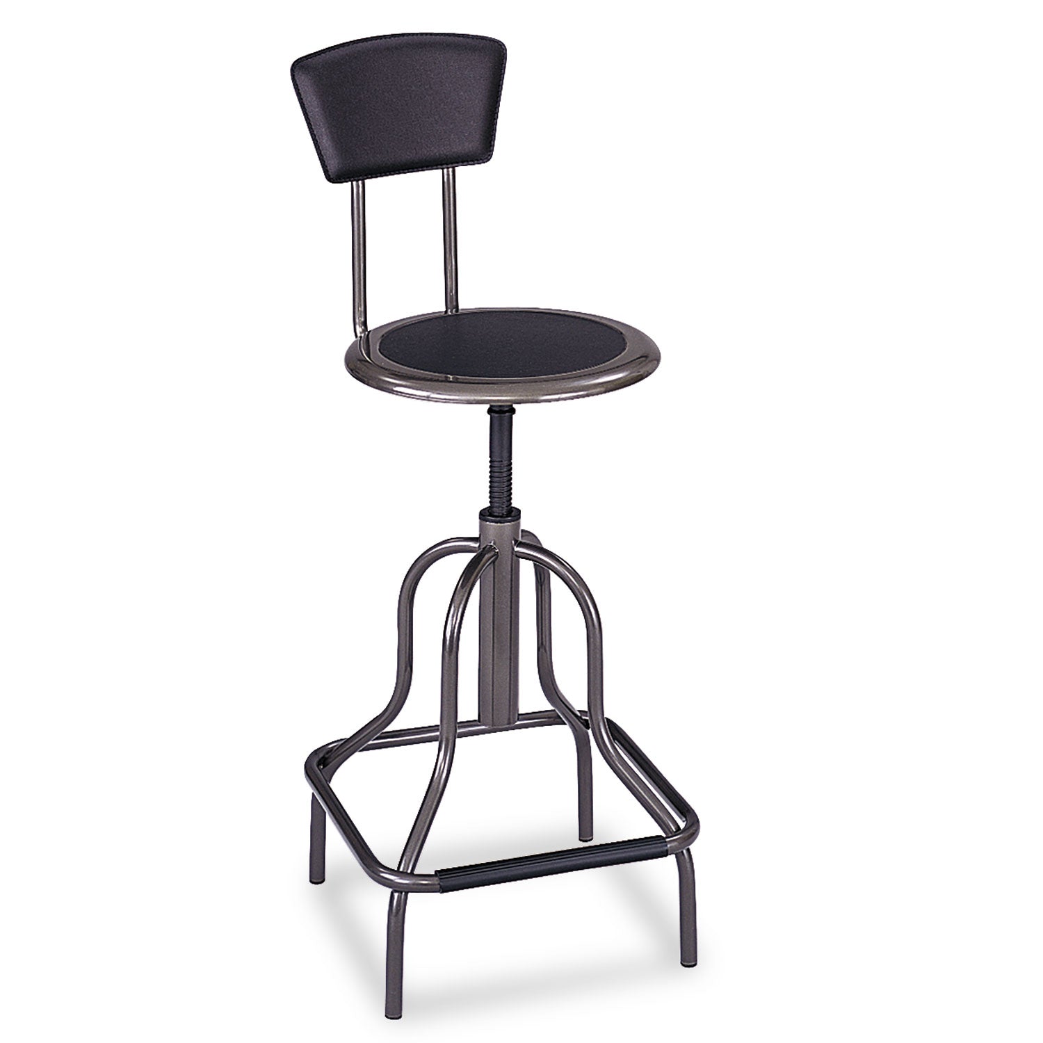Diesel Industrial Stool with Back, Supports Up to 250 lb, 22" to 27" Seat Height, Black Seat/Back, Pewter Base