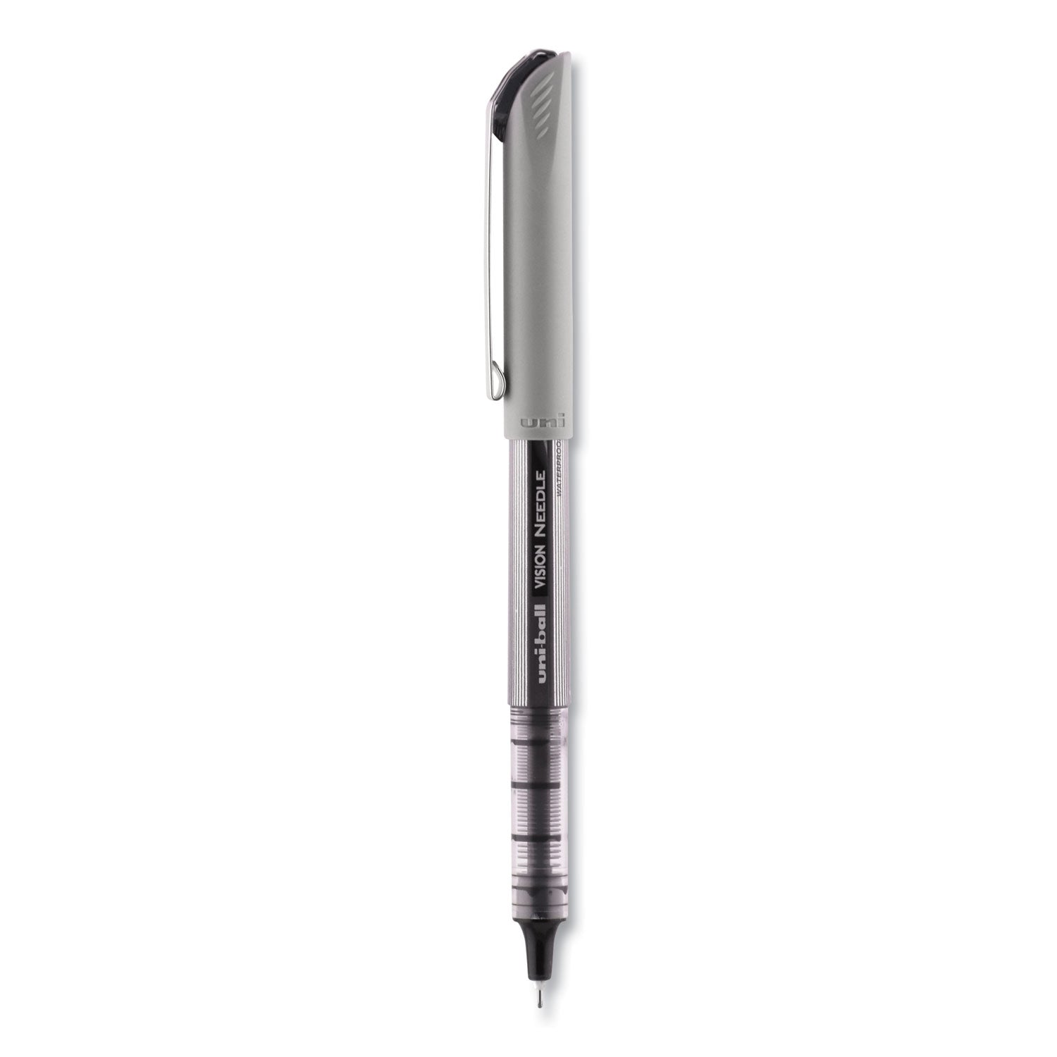 uniball® VISION Needle Rollerball Pen, Stick, Fine 0.7 mm, Black Ink, Gray/Clear/Black Barrel, Dozen
