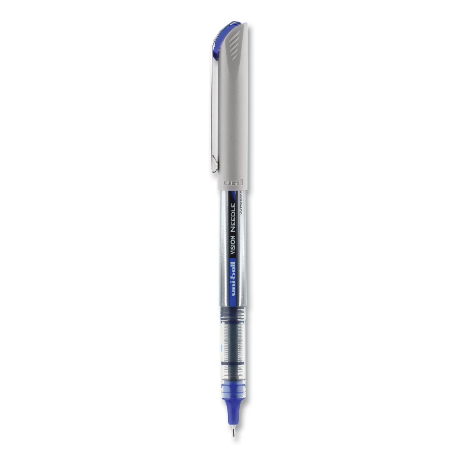 uniball® VISION Needle Rollerball Pen, Stick, Fine 0.7 mm, Blue Ink, Gray/Clear/Blue Barrel, Dozen