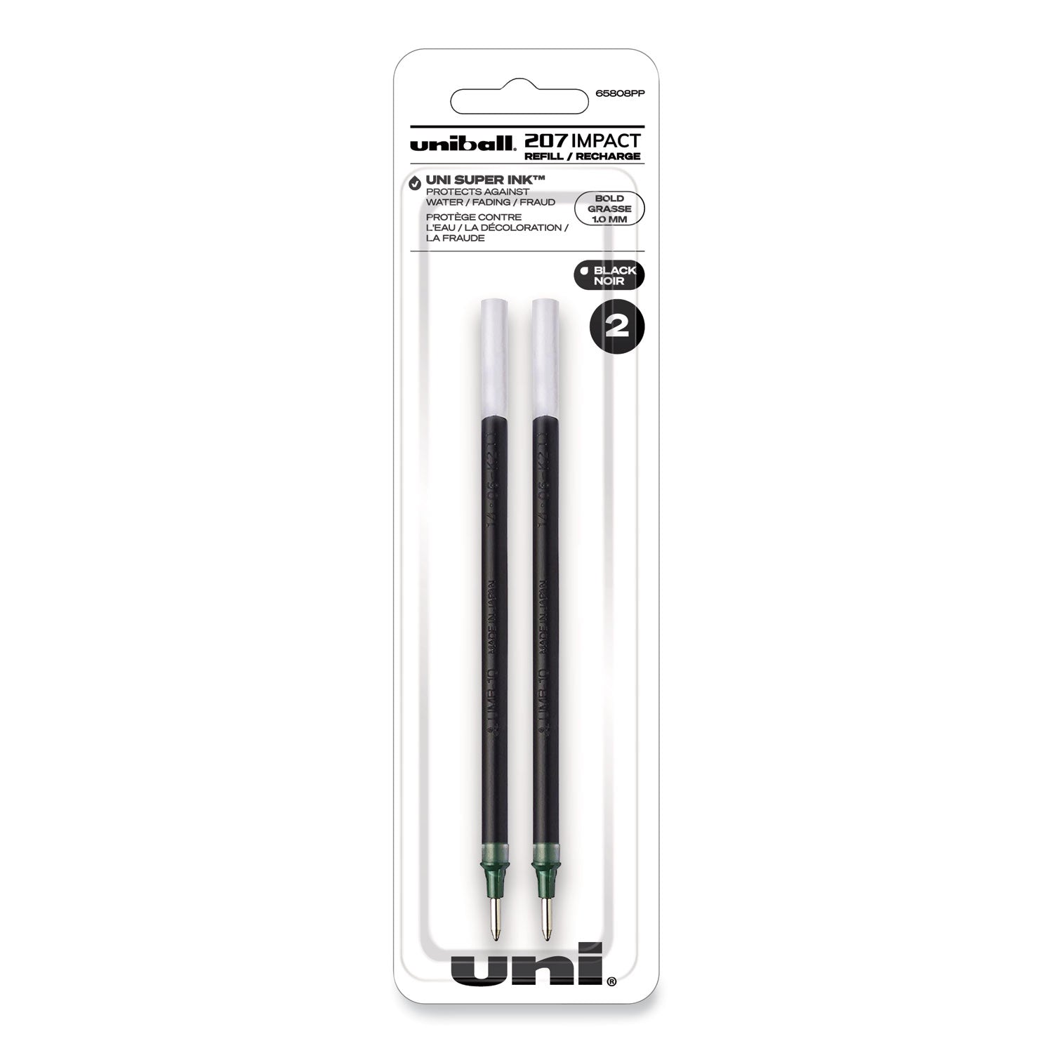 207 Impact Gel Stick Pen Refills, Bold 1 mm Conical Tip, Black Ink, 2/Pack