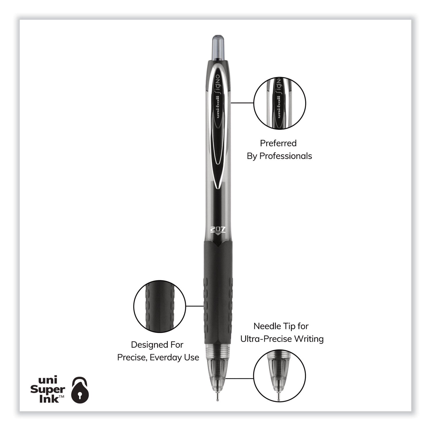 uniball® Signo 207 Needle Point Gel Pen, Retractable, Medium 0.7 mm, Black Ink, Clear/Black Barrel, Dozen