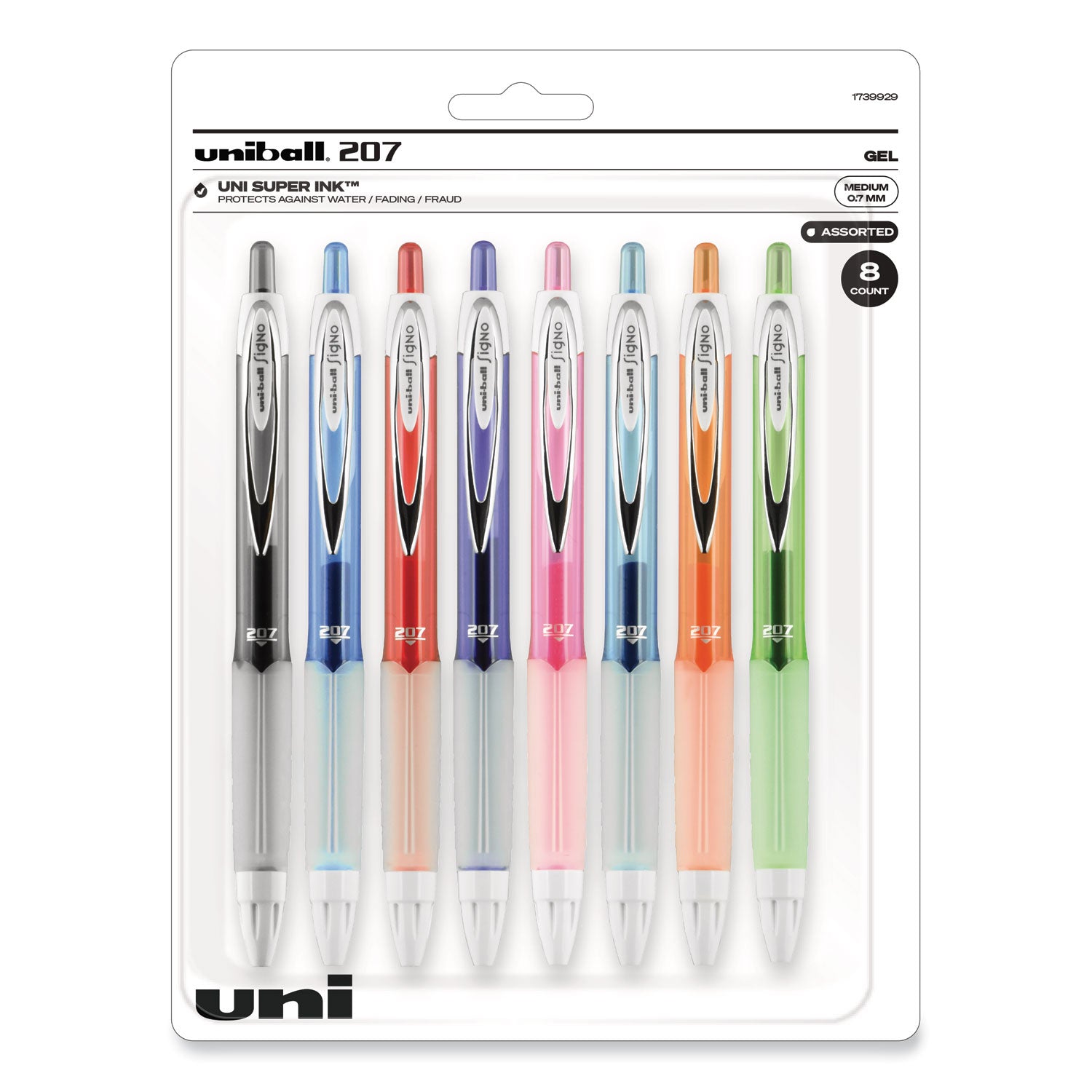 Signo 207 Gel Pen, Retractable, Medium 0.7 mm, Assorted Ink and Barrel Colors, 8/Pack