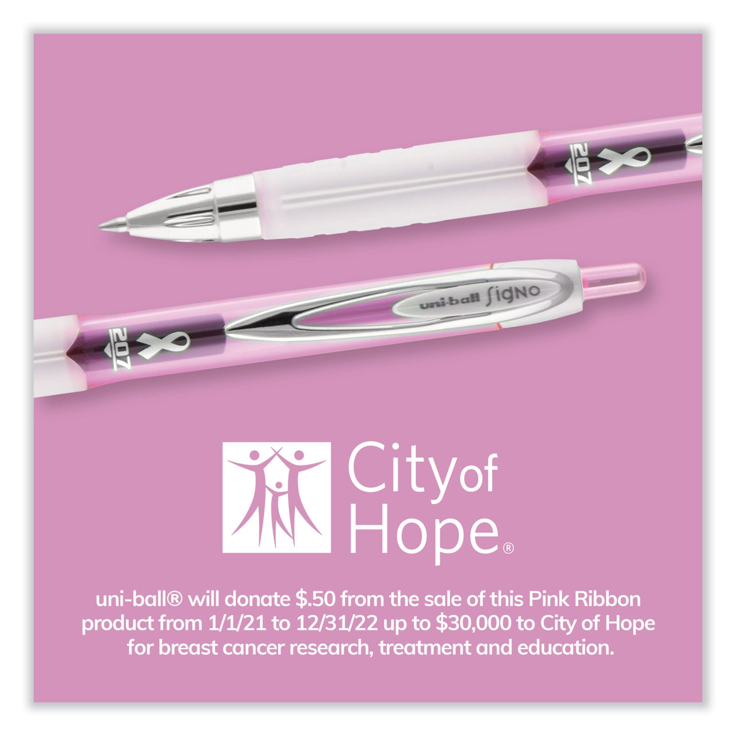 uniball® Signo 207 Breast Cancer Awareness Gel Pen, Retractable, Medium 0.7 mm, Black Ink, Translucent Pink/White Barrel, 2/Pack