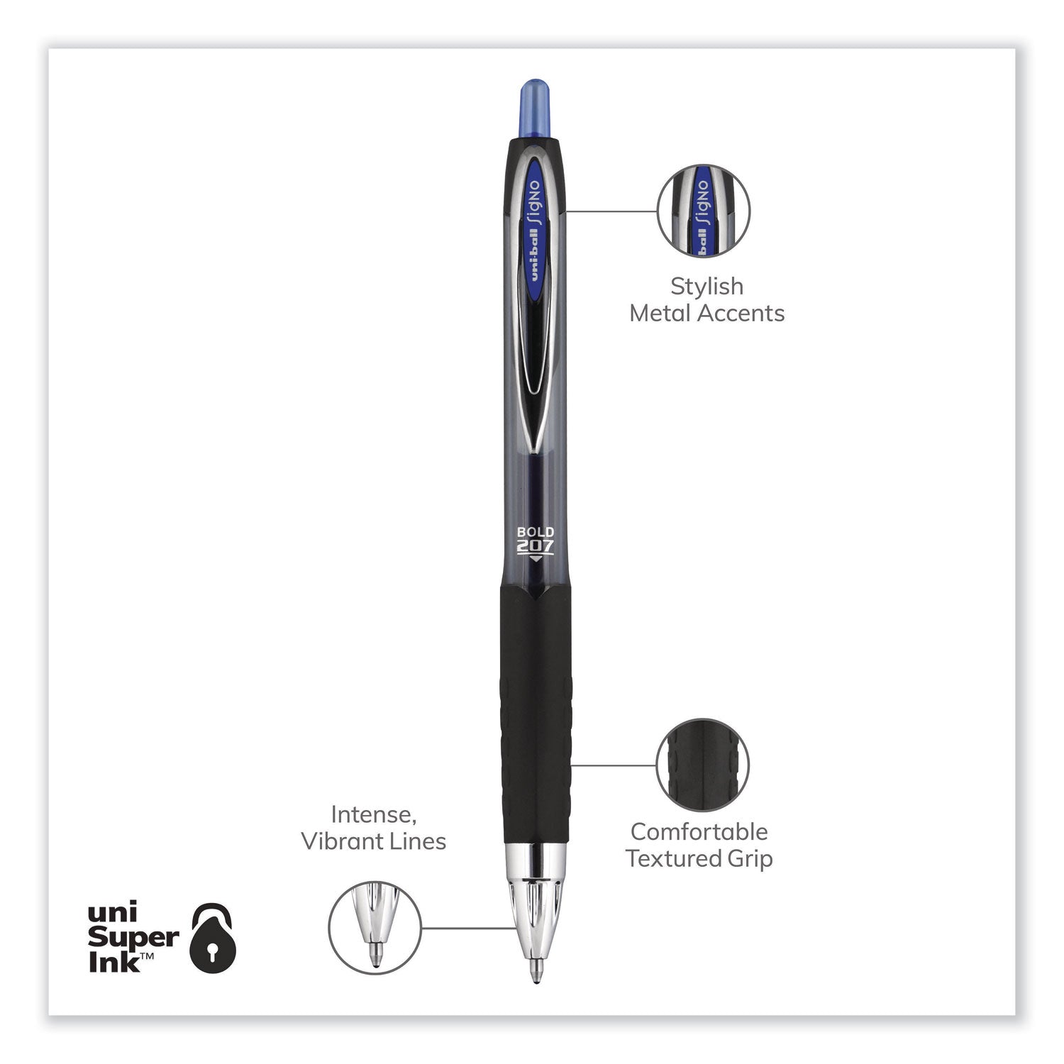 uniball® Signo 207 Gel Pen, Retractable, Bold 1 mm, Blue Ink, Smoke/Black/Blue Barrel, Dozen