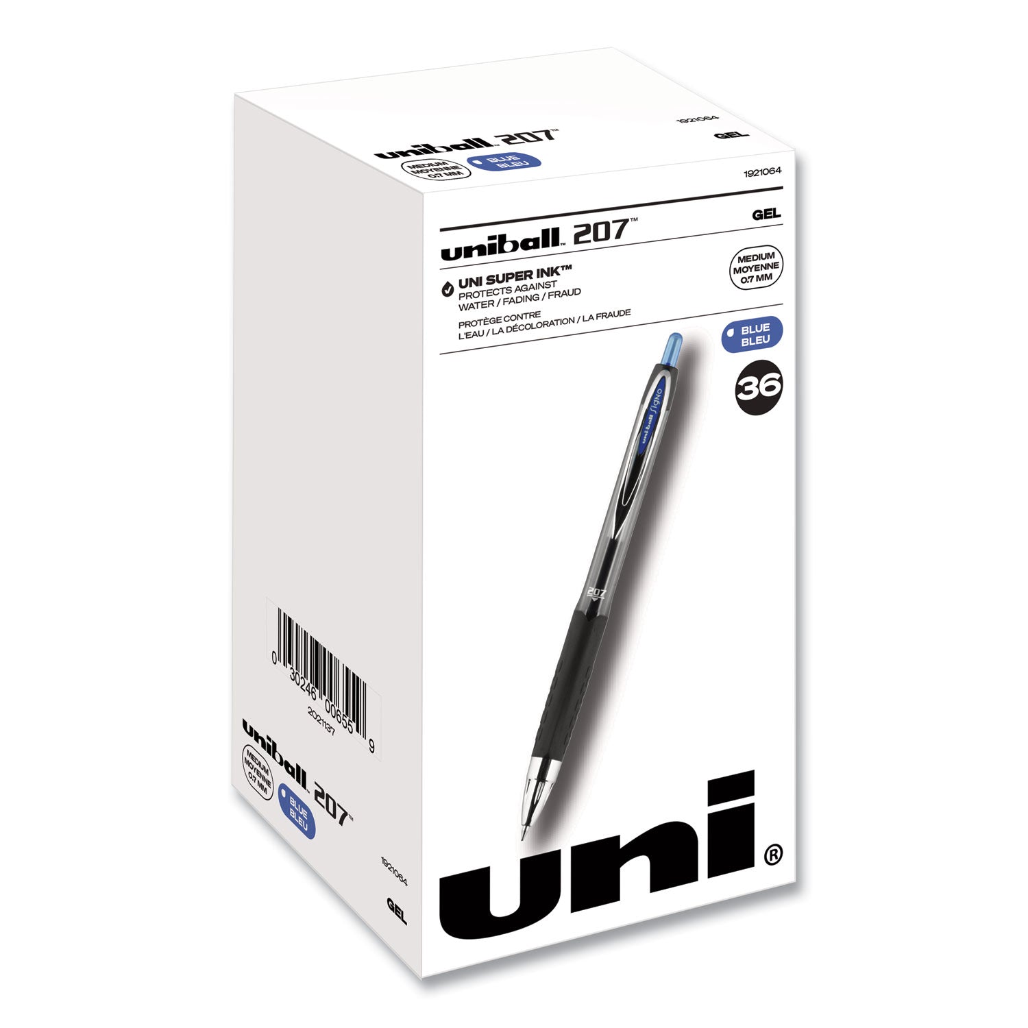 Signo 207 Gel Pen, Retractable, Medium 0.7 mm, Blue Ink, Smoke/Black/Blue Barrel, 36/Box