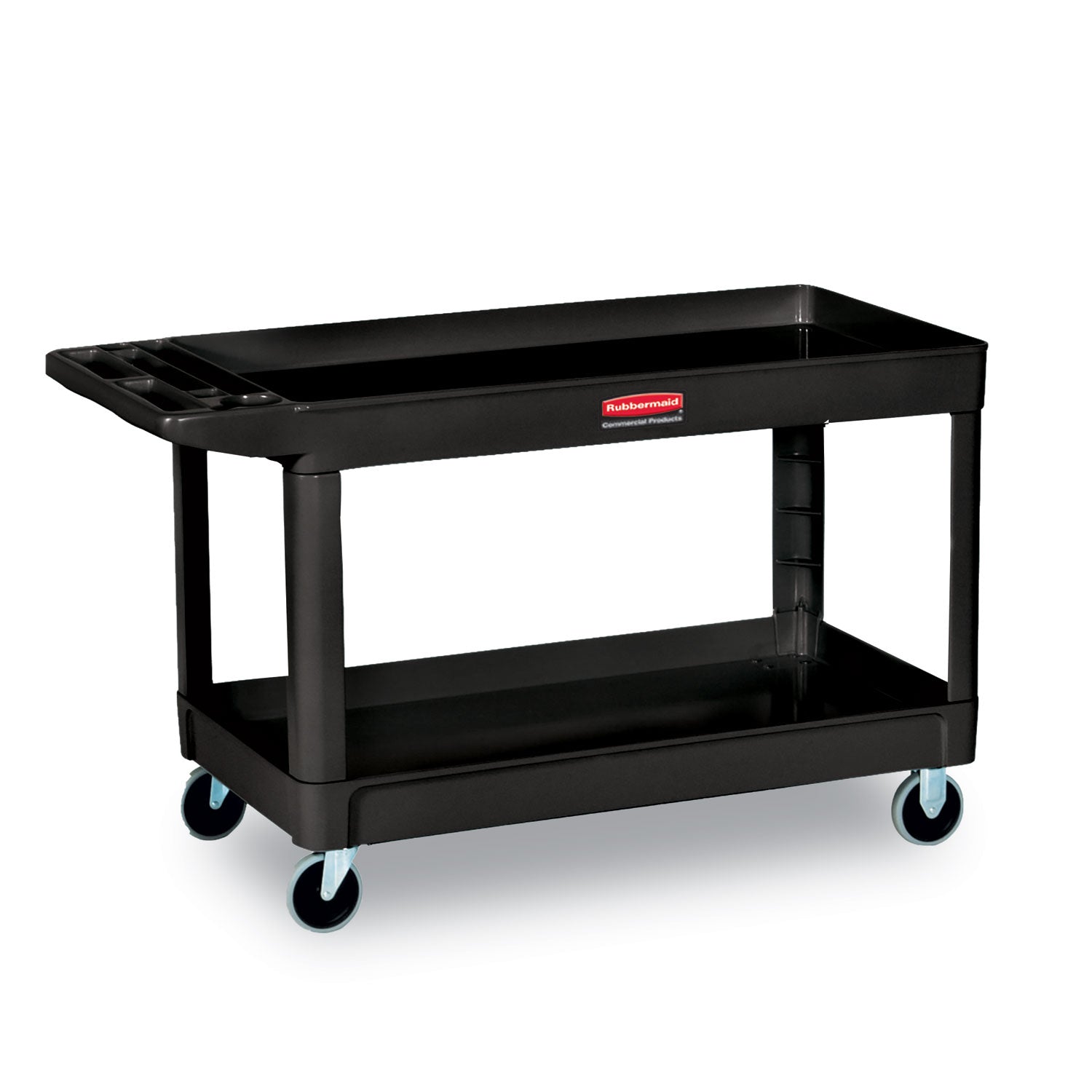 Rubbermaid® Commercial Heavy-Duty Flat-Handle Maintenance/Utility Cart, Plastic, 2 Shelves, 500 lb Capacity, 24" x 40" x 31.25", Black