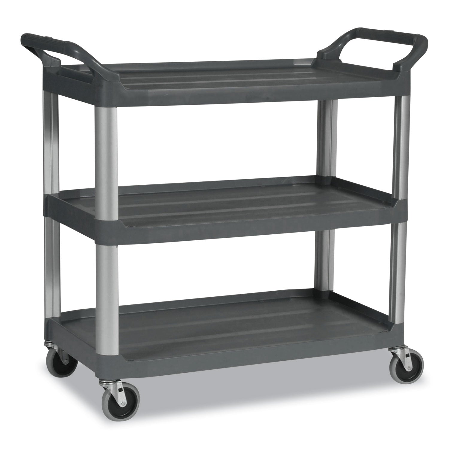 Rubbermaid® Commercial Xtra Utility Cart with Open Sides, Plastic, 3 Shelves, 300 lb Capacity, 20" x 40.63" x 37.8", Gray