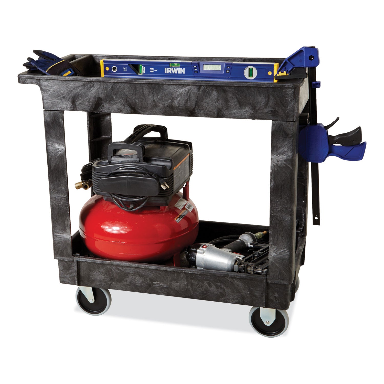 Rubbermaid® Commercial Heavy-Duty Flat-Handle Maintenance/Utility Cart, Plastic, 2 Shelves, 500 lb Capacity, 34.13" x 17.38" x 32.38", Black