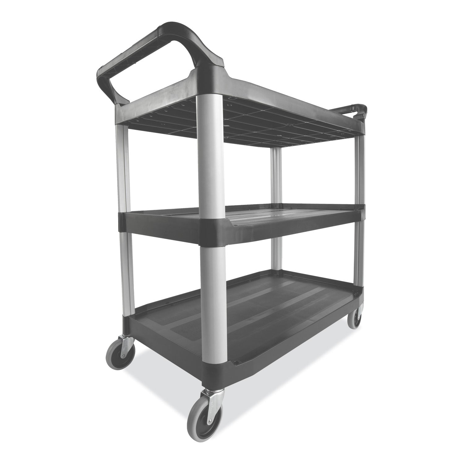 Rubbermaid® Commercial Xtra Utility Cart with Open Sides, Plastic, 3 Shelves, 300 lb Capacity, 20" x 40.63" x 37.8", Gray