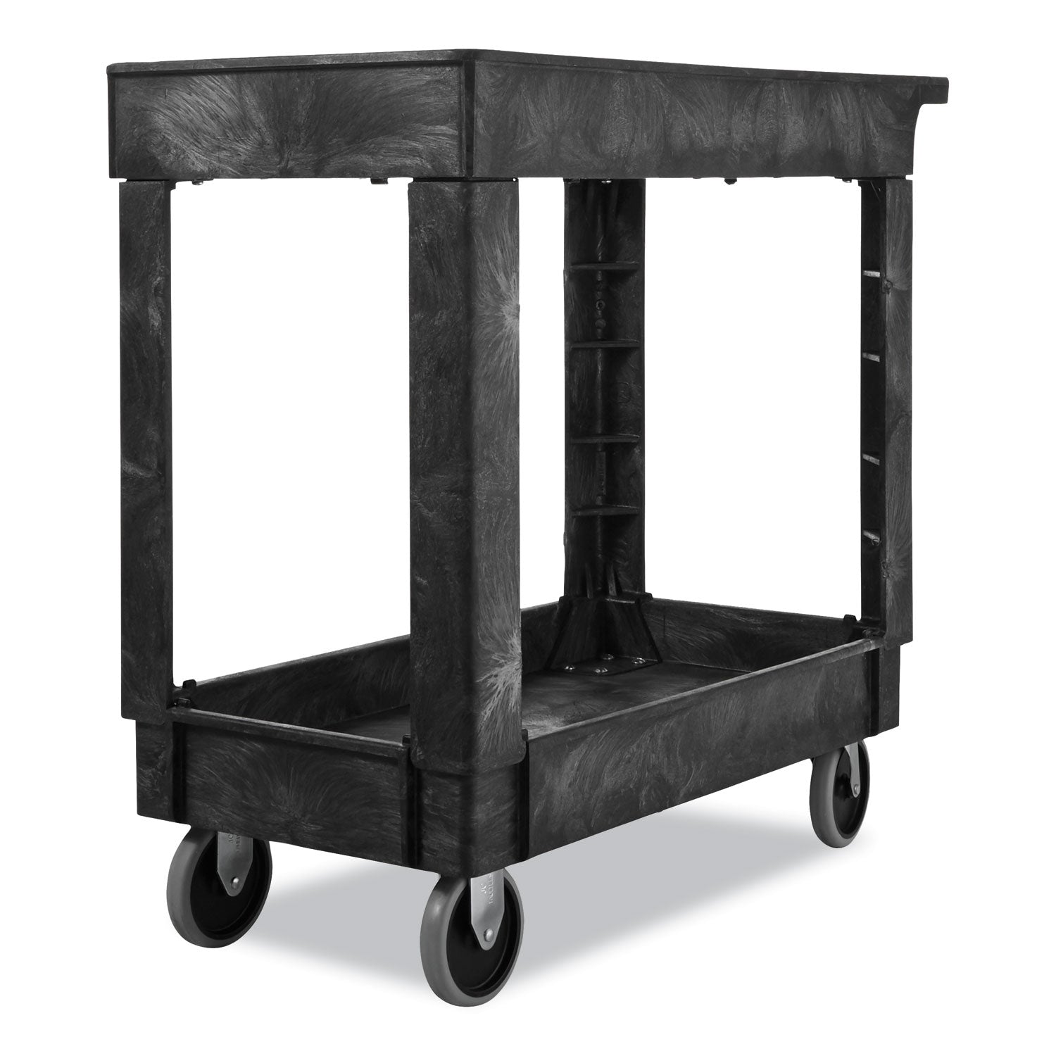 Rubbermaid® Commercial Heavy-Duty Flat-Handle Maintenance/Utility Cart, Plastic, 2 Shelves, 500 lb Capacity, 34.13" x 17.38" x 32.38", Black