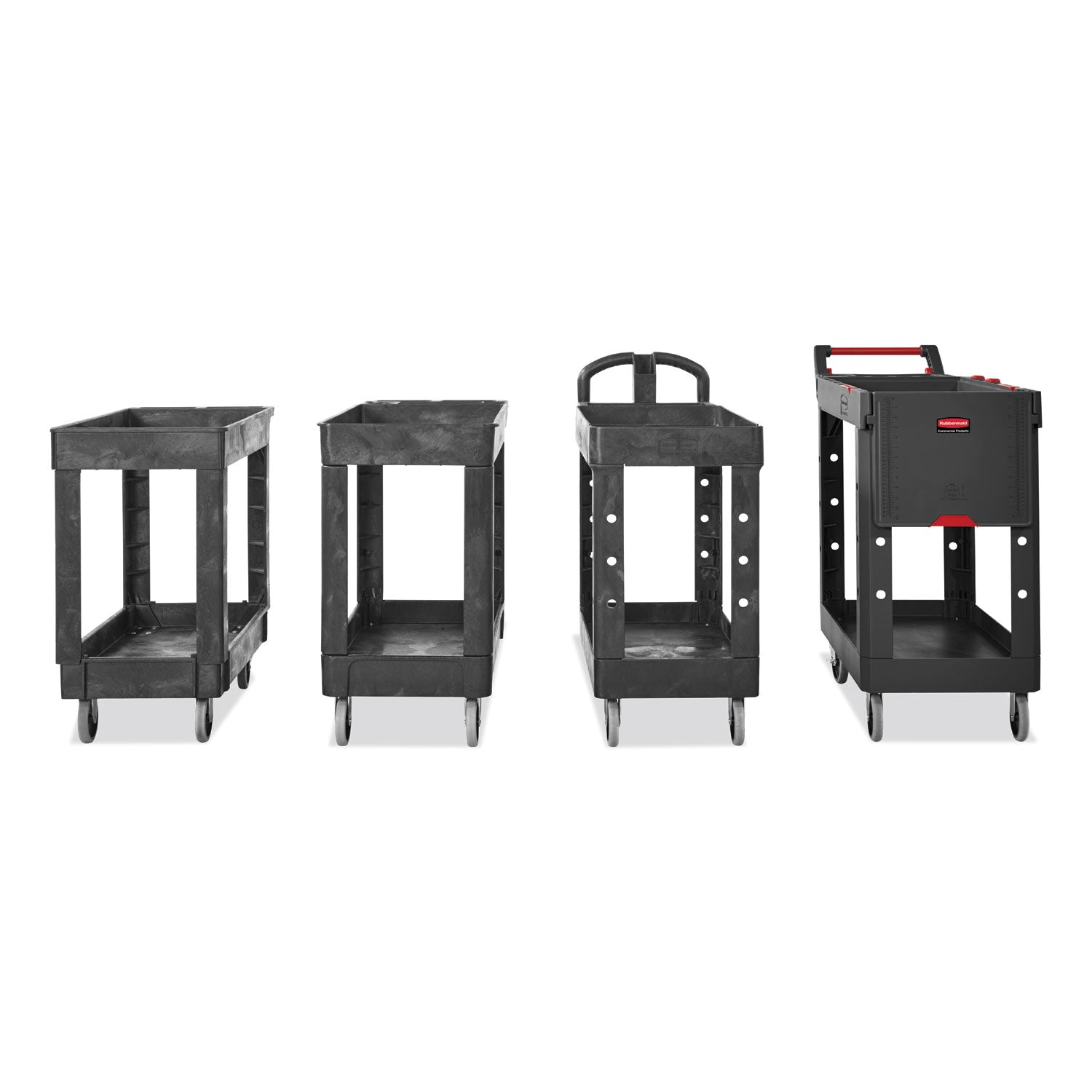 Rubbermaid® Commercial Heavy-Duty Flat-Handle Maintenance/Utility Cart, Plastic, 2 Shelves, 500 lb Capacity, 34.13" x 17.38" x 32.38", Black