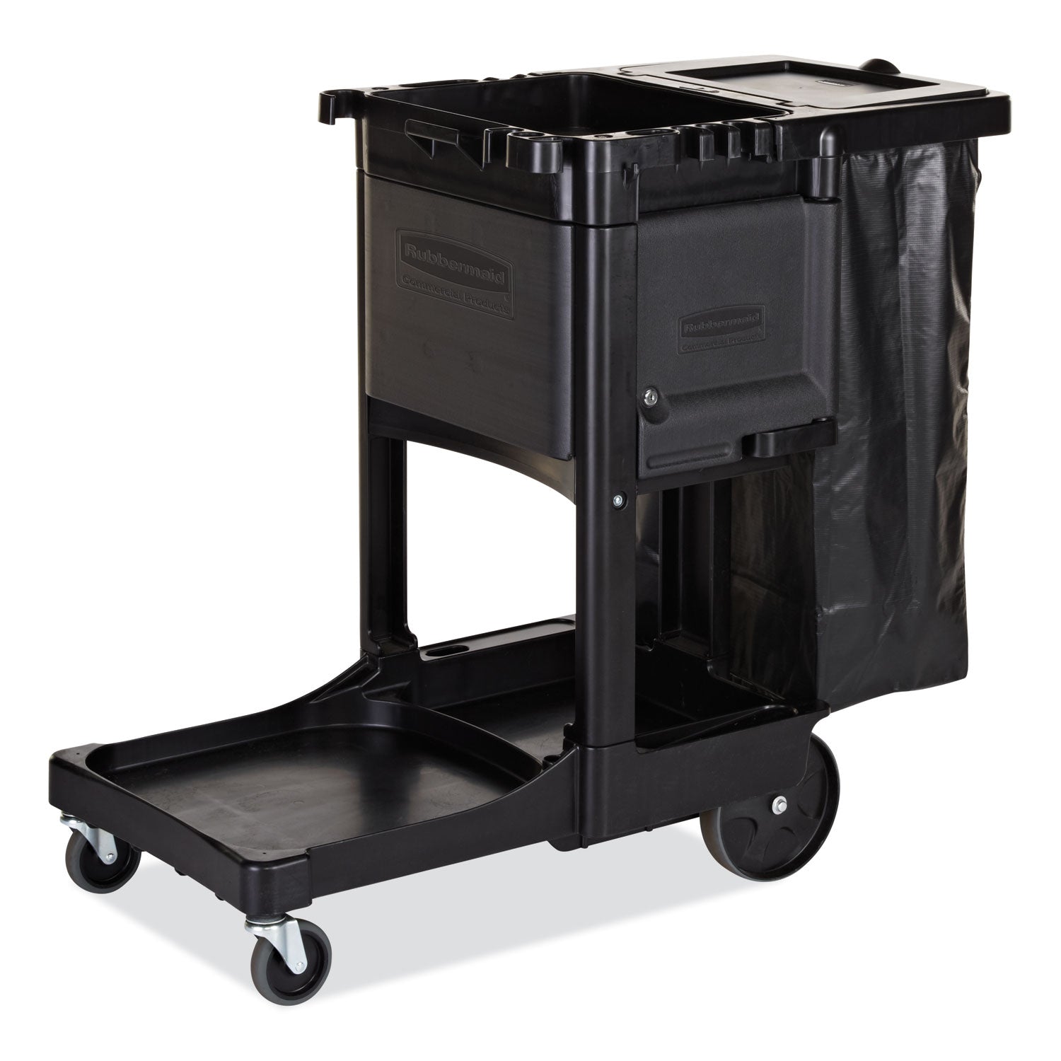 Rubbermaid® Commercial Executive Janitorial Cleaning Cart, Plastic, 4 Shelves, 1 Bin, 12.1" x 22.4" x 23", Black
