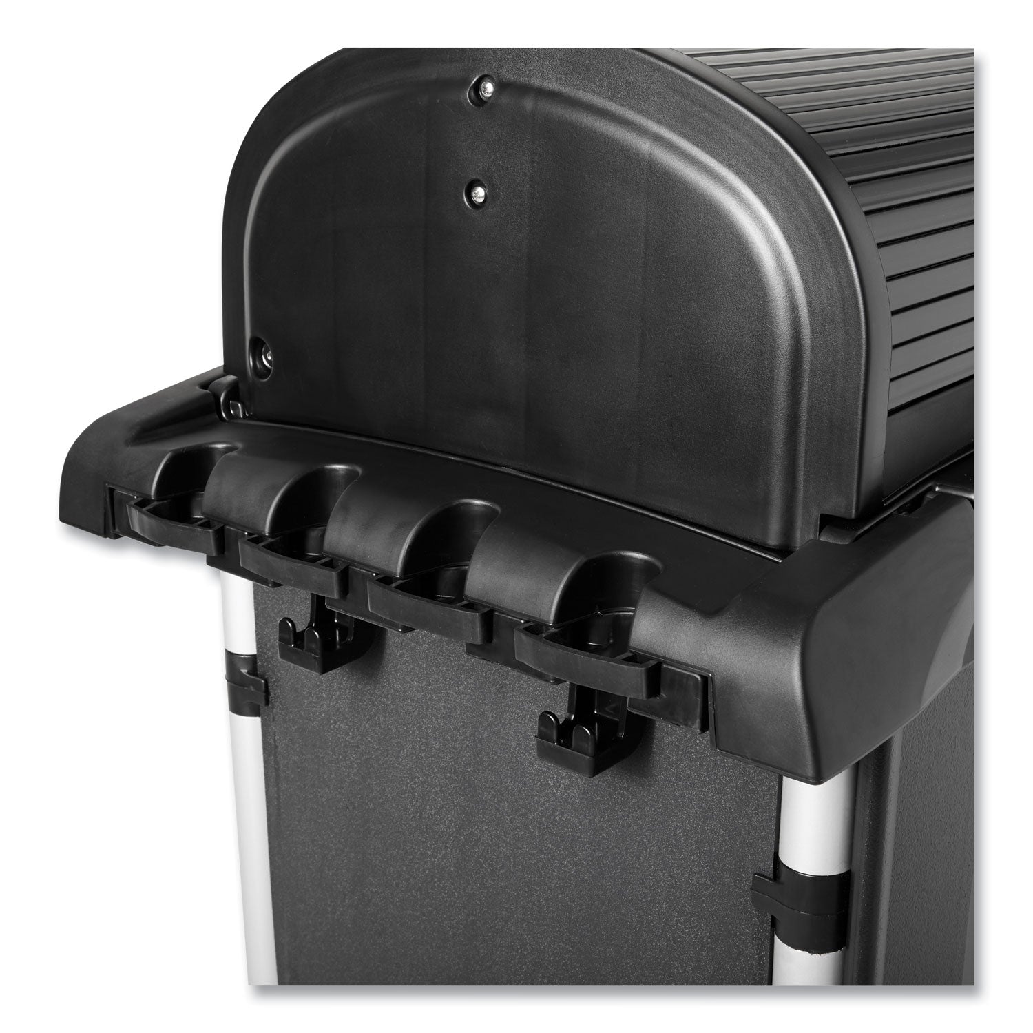Rubbermaid® Commercial Executive High Security Janitorial Cleaning Cart, Plastic, 4 Shelves, 1 Bin, 23.1" x 39.6" x 27.5", Black