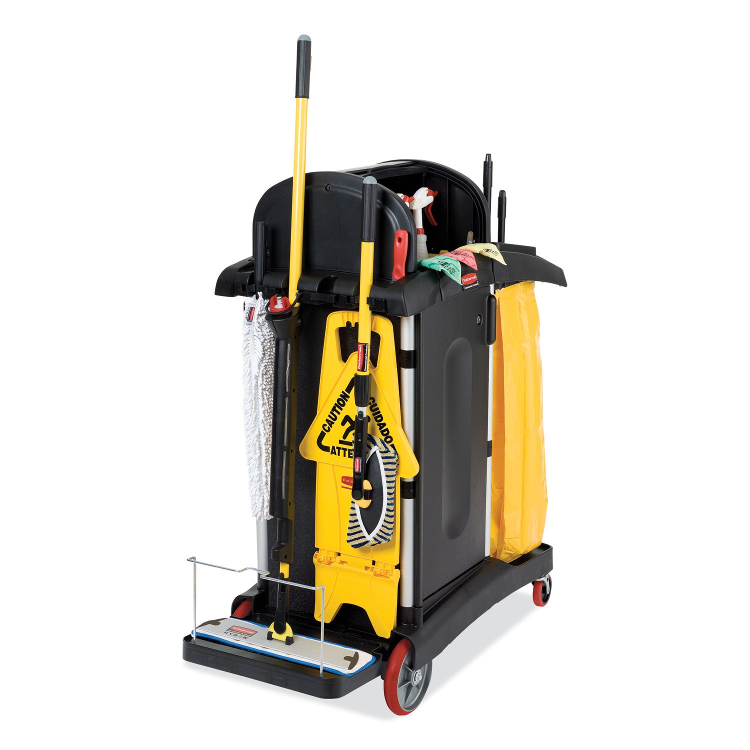 Rubbermaid® Commercial High-Security Healthcare Cleaning Cart, Metal, 4 Shelves, 1 Bin, 22" x 48.25" x 53.5", Black