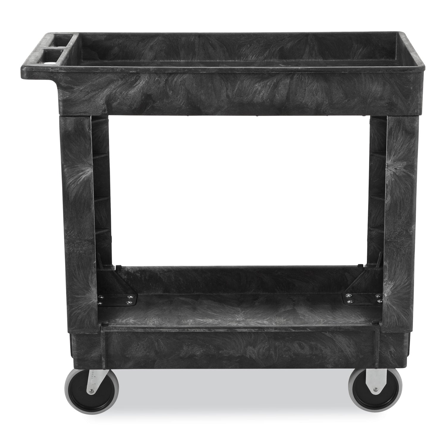 Rubbermaid® Commercial Heavy-Duty Flat-Handle Maintenance/Utility Cart, Plastic, 2 Shelves, 500 lb Capacity, 34.13" x 17.38" x 32.38", Black