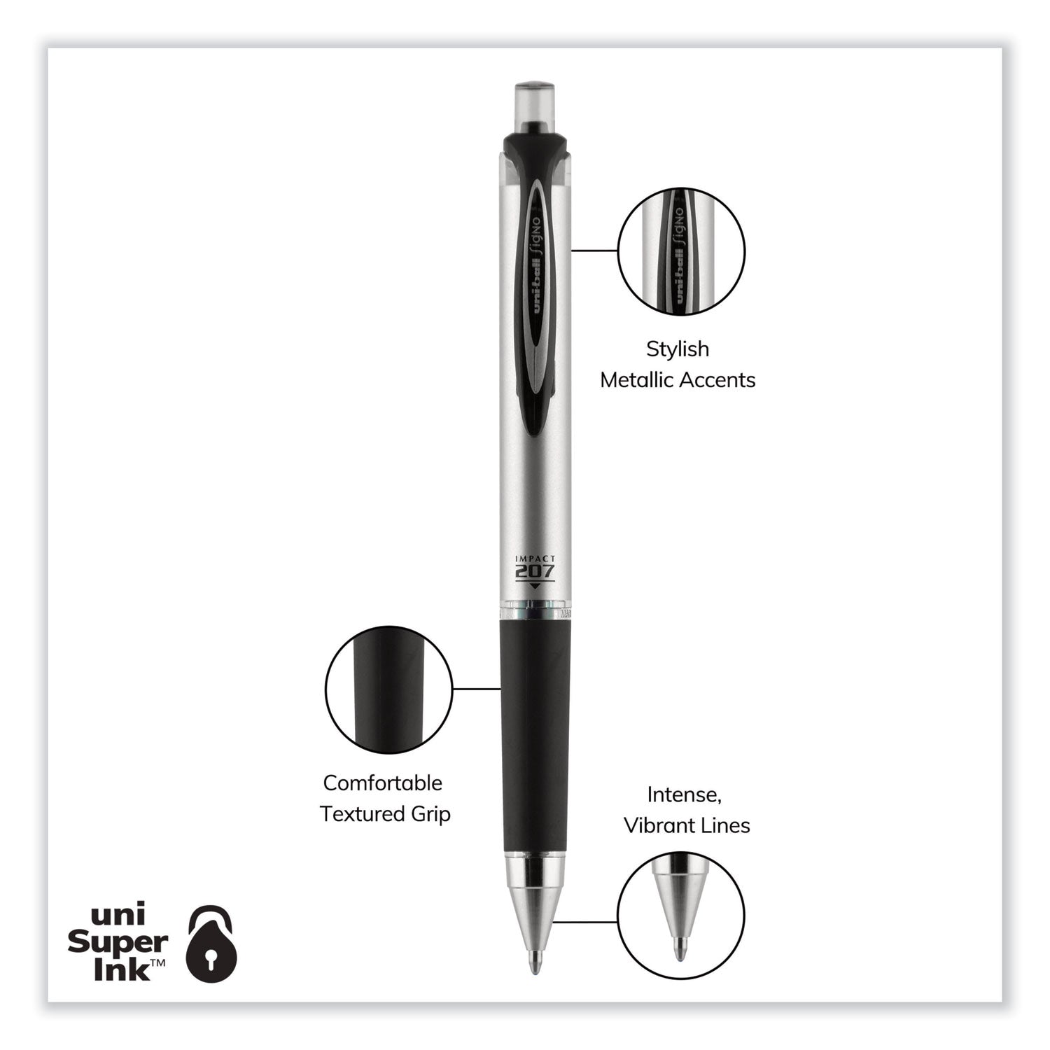 uniball® 207 Impact Gel Pen, Retractable, Bold 1 Mm, Black Ink, Black Barrel