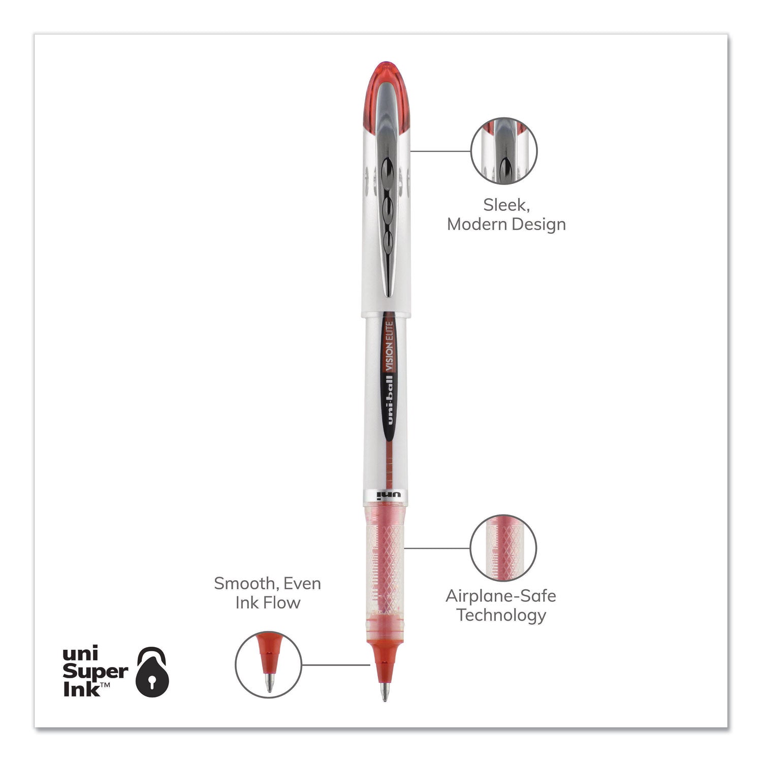 uniball® VISION ELITE Hybrid Gel Pen, Stick, Bold 0.8 mm, Red Ink, White/Red/Clear Barrel