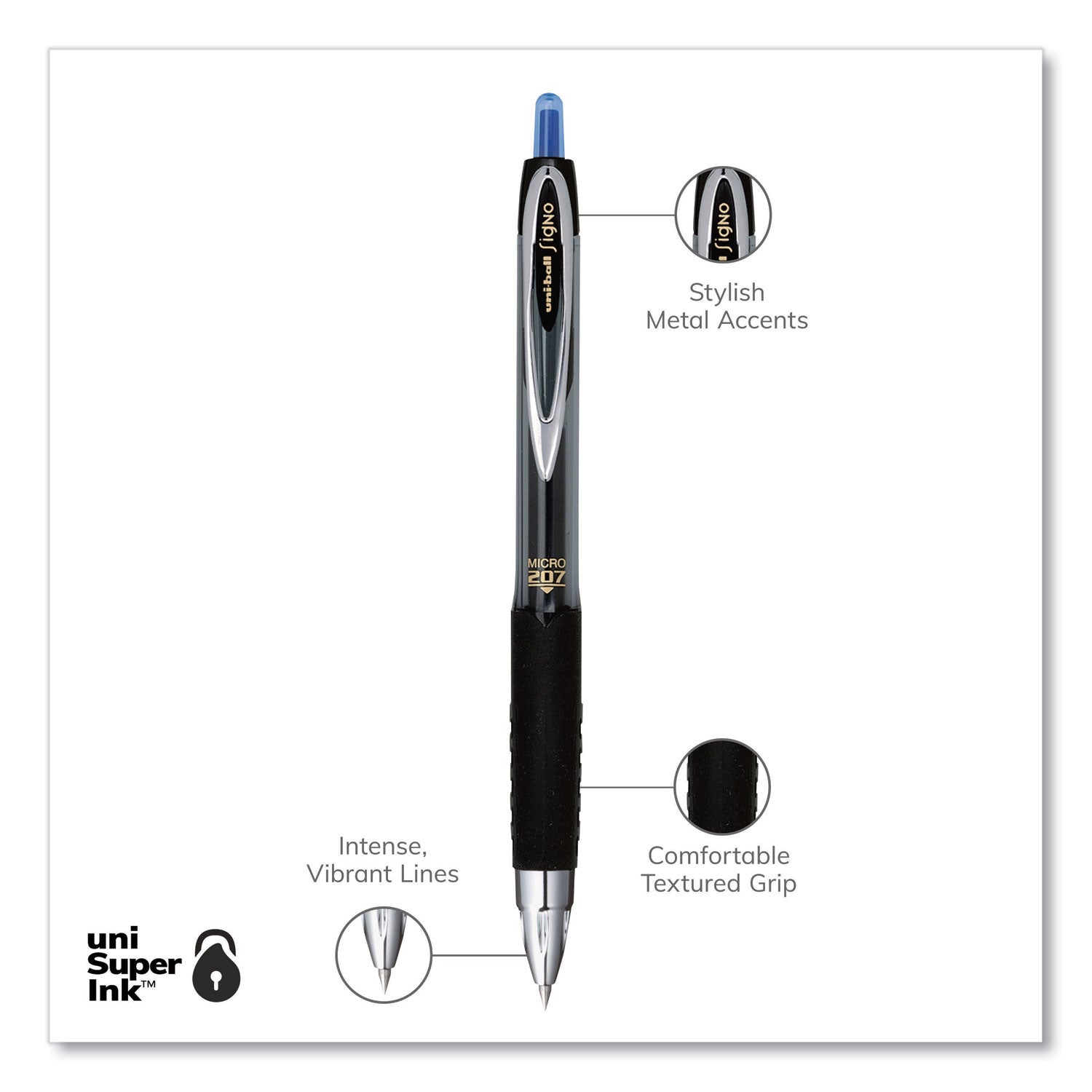 uniball® Signo 207 Gel Pen, Retractable, Fine 0.5 mm, Blue Ink, Smoke/Black/Blue Barrel, Dozen