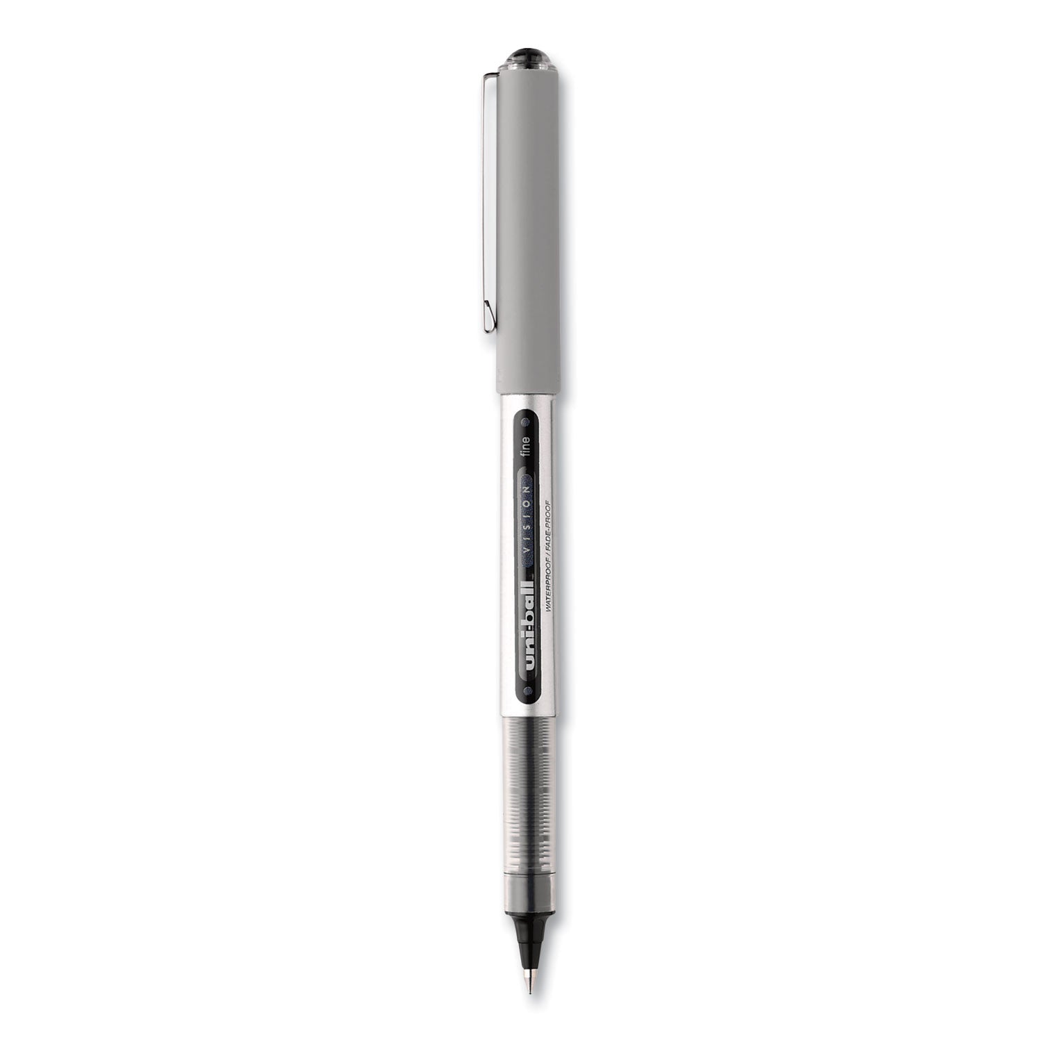 uniball® VISION Rollerball Pen, Stick, Fine 0.7 mm, Black Ink, Silver/Black/Clear Barrel, Dozen